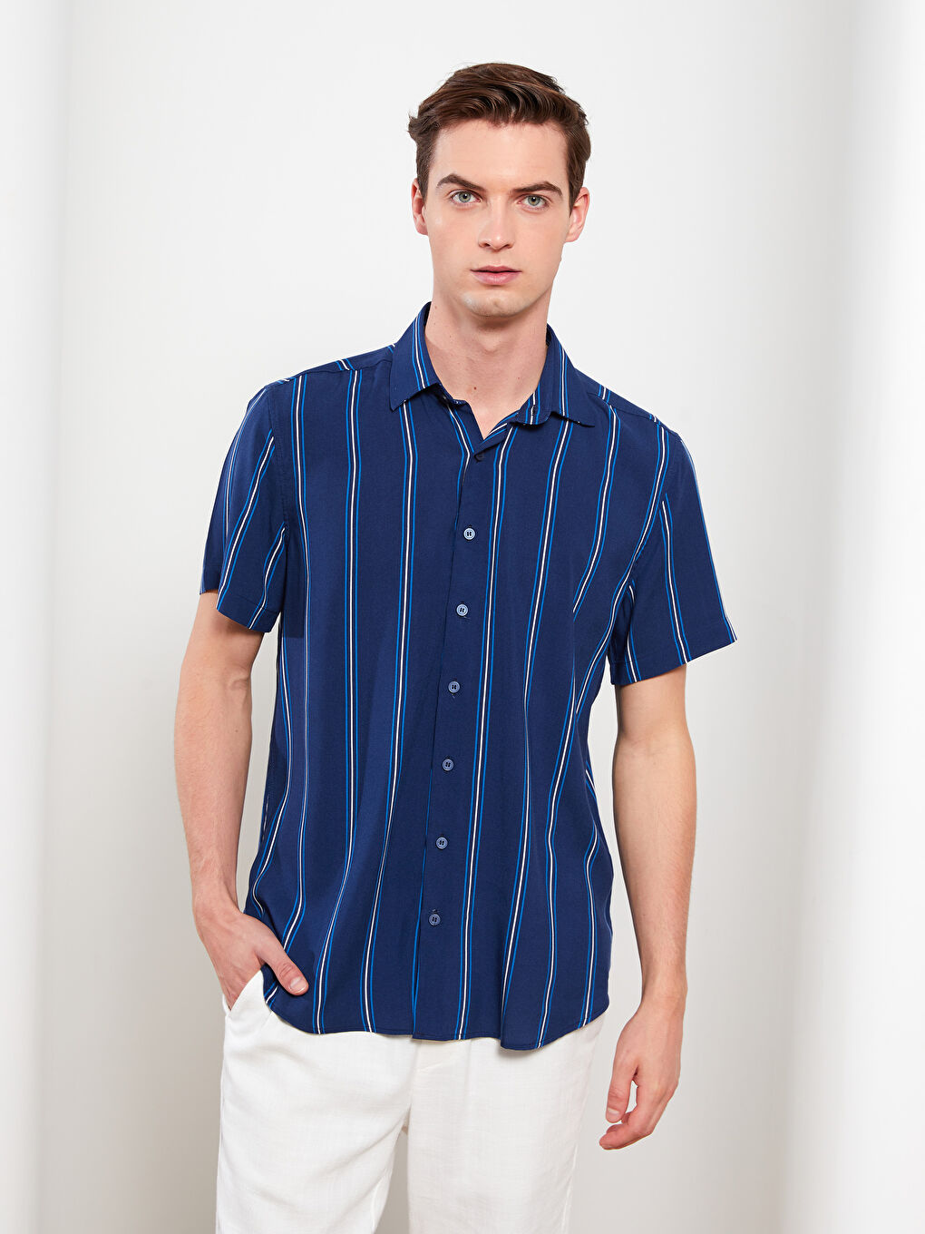 Regular Fit Short Sleeve Striped Viscose Men S Shirt S2I429Z8 MRQ