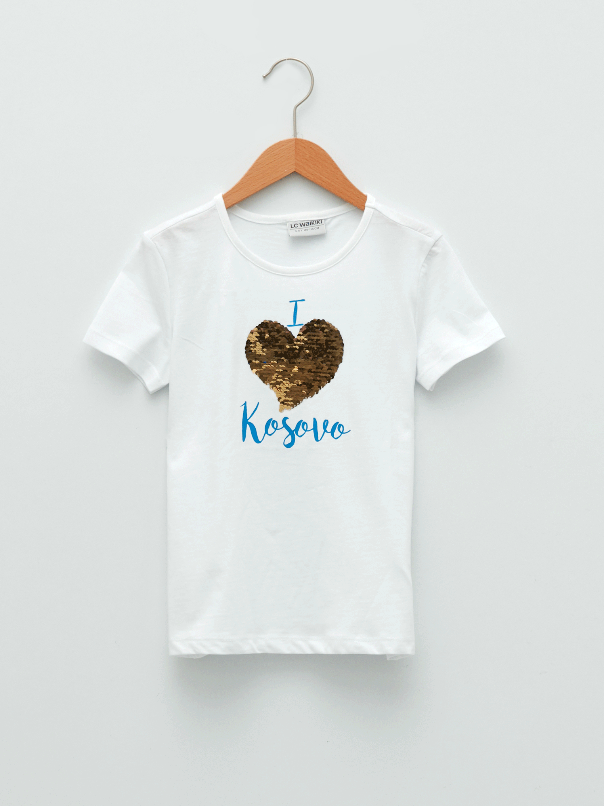 Beyaz Bisiklet Yaka Baskılı Pul İşlemeli Kısa Kollu Kız Çocuk Tişört