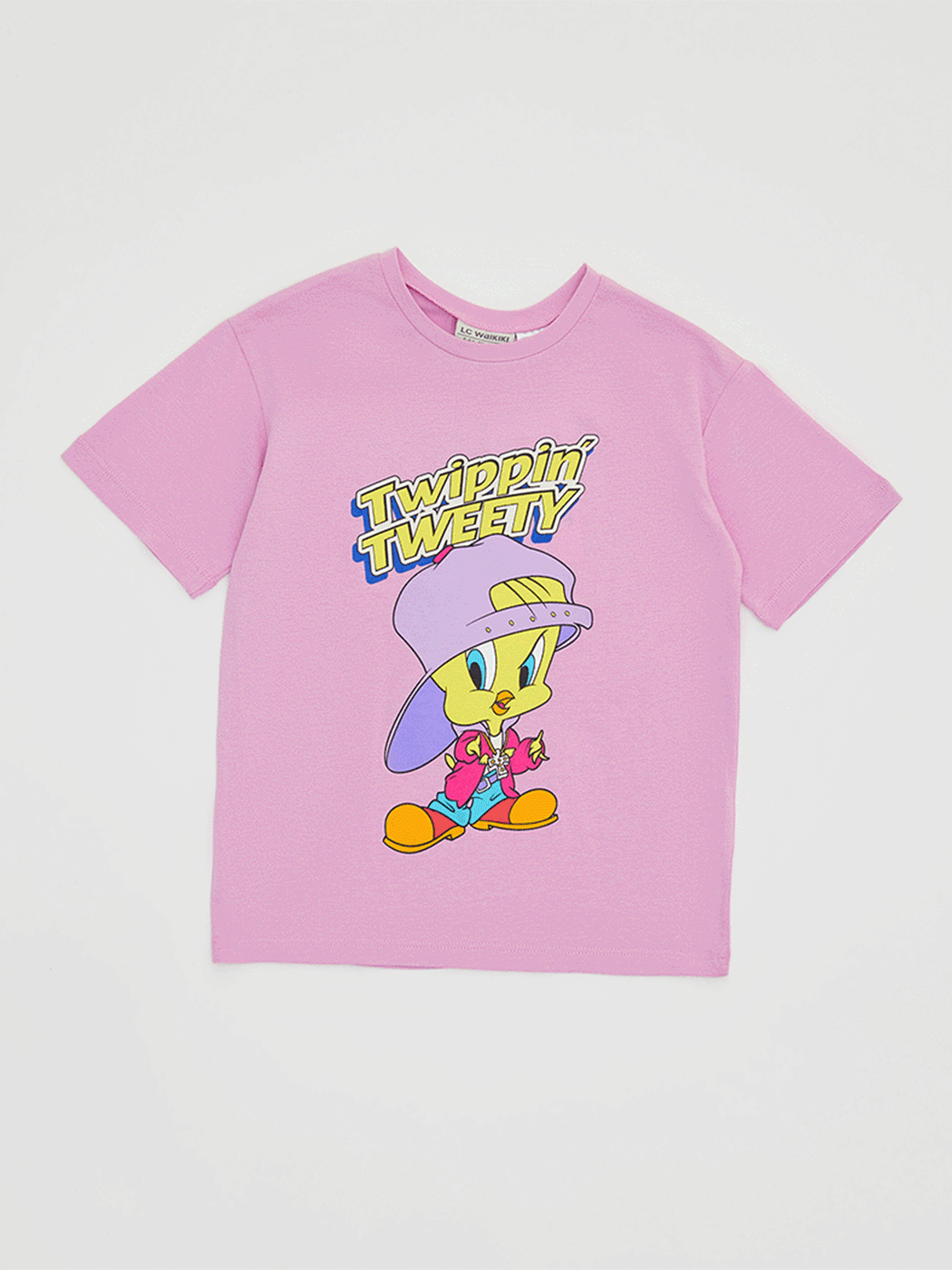 Crew Neck Tweety Printed Short Sleeve Cotton Girls T-Shirt-1
