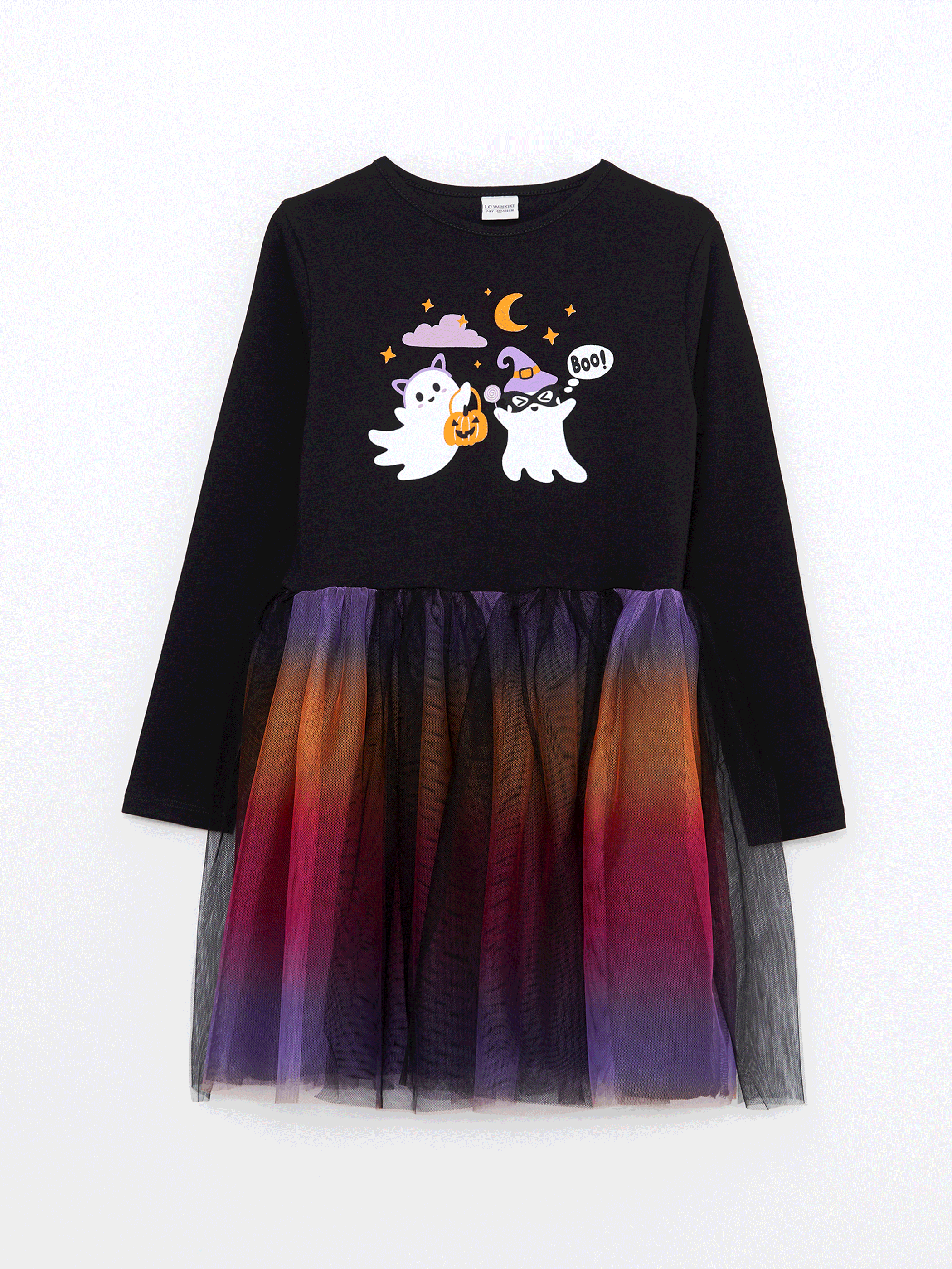 LCW Kids H12 Crew Neck Printed Long Sleeve Girl Dress and Crown -W2CS46Z4-CVL