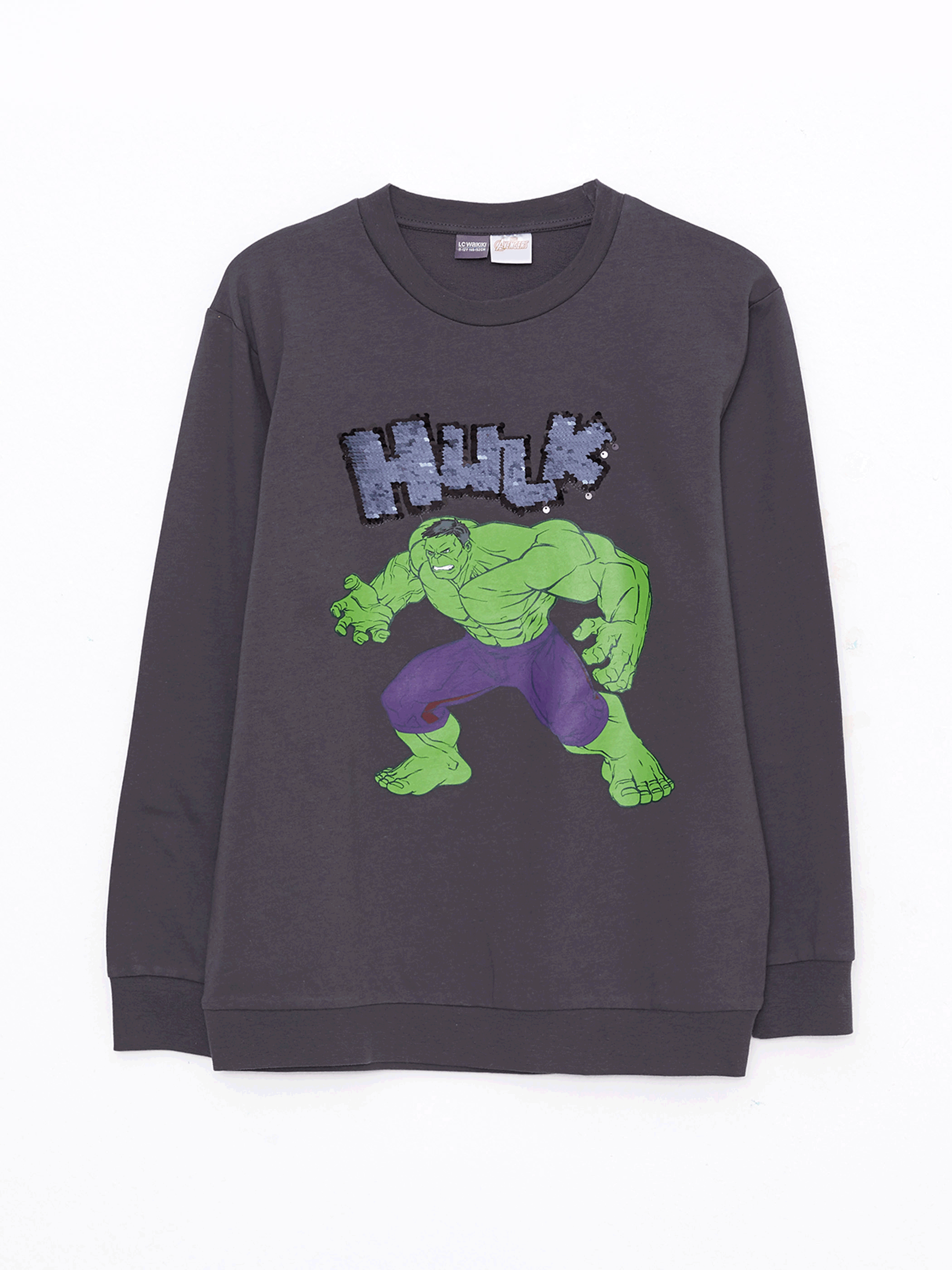 Crew Neck Hulk Printed Reversible Sequined Long Sleeve Boy Sweatshirt - LC WAIKIKI