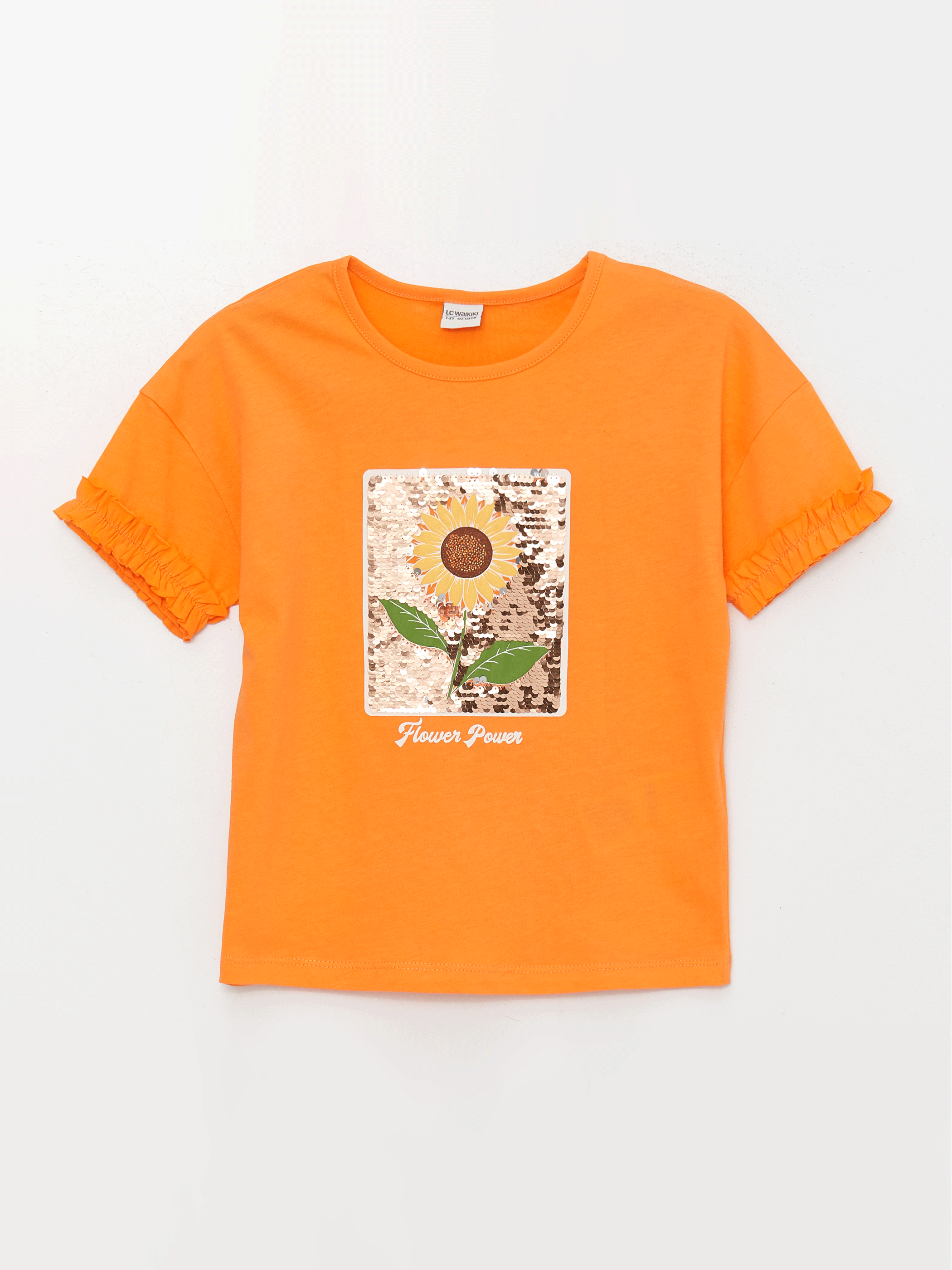 Turuncu Bisiklet Yaka Baskılı Çift Yönlü Payetli Kısa Kollu Kız Çocuk Tişört