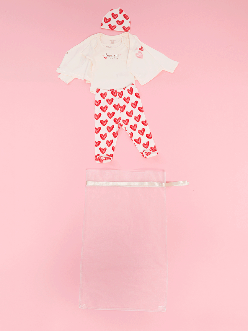 Ekru Bisiklet Yaka Uzun Kollu Baskılı Kız Bebek Hastane Çıkış Seti