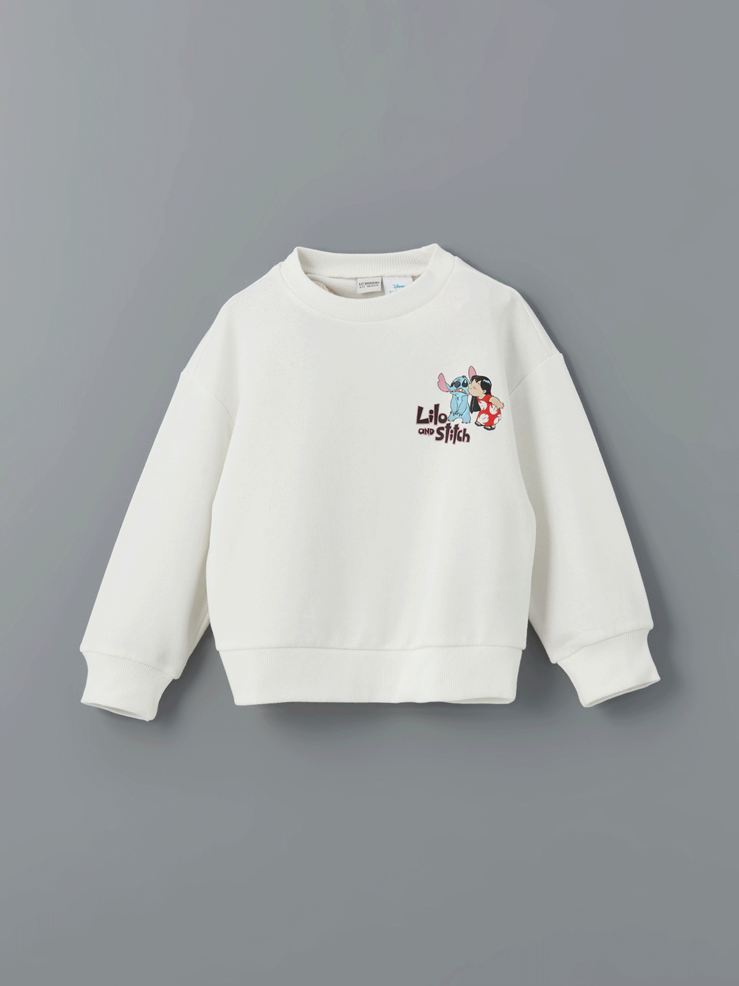 Ekru Bisiklet Yaka Lilo ve Stitch Baskılı Kız Çocuk Sweatshirt