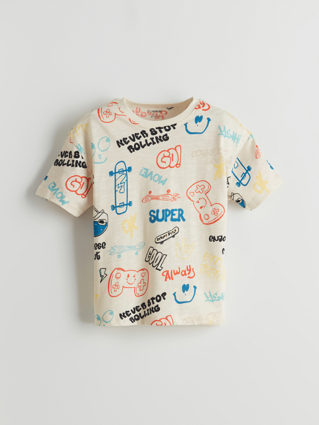 Bej Bisiklet Yaka Baskılı Erkek Çocuk Tişört