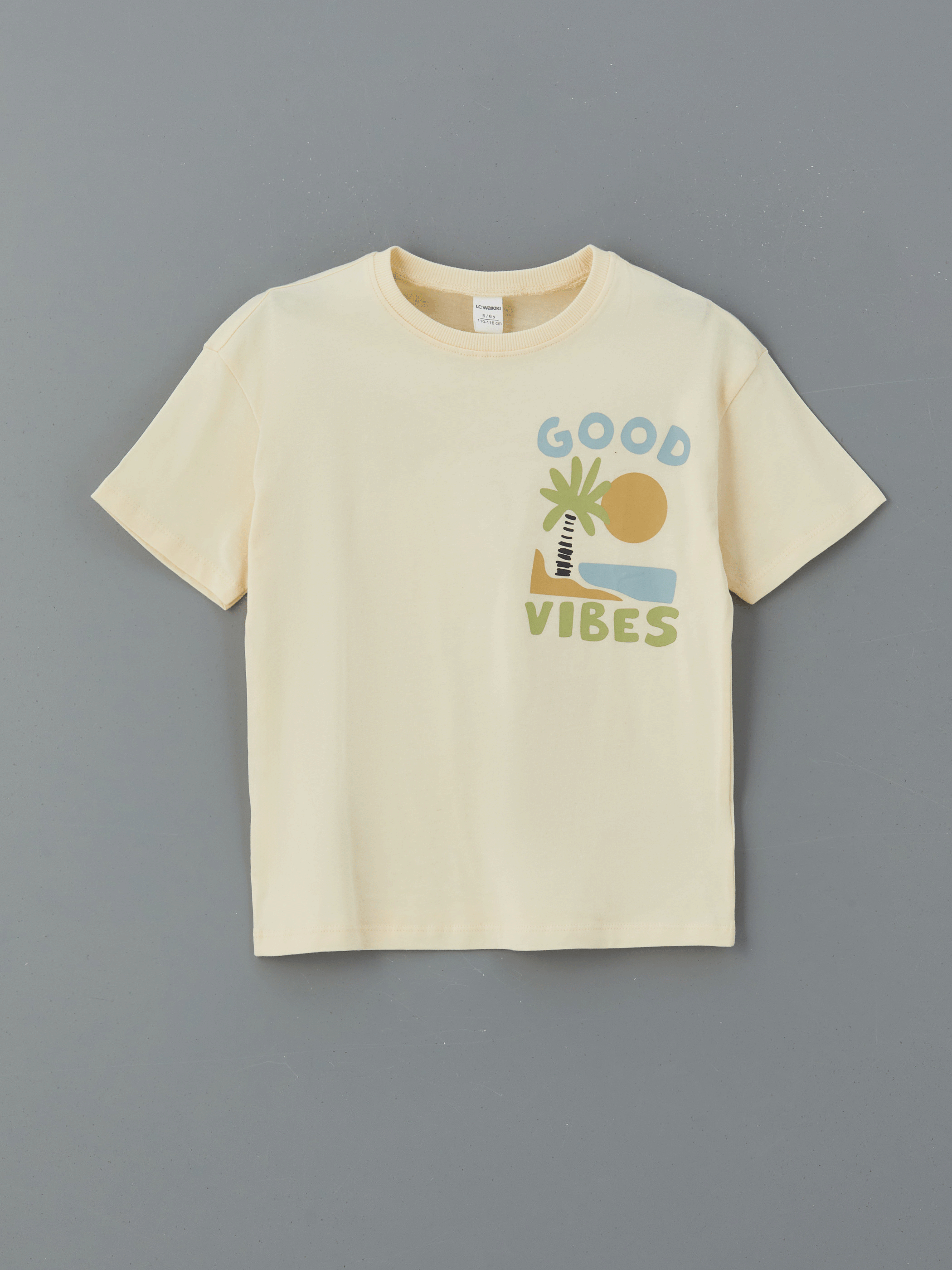 Bej Bisiklet Yaka Yazı Baskılı Erkek Çocuk Tişört-2