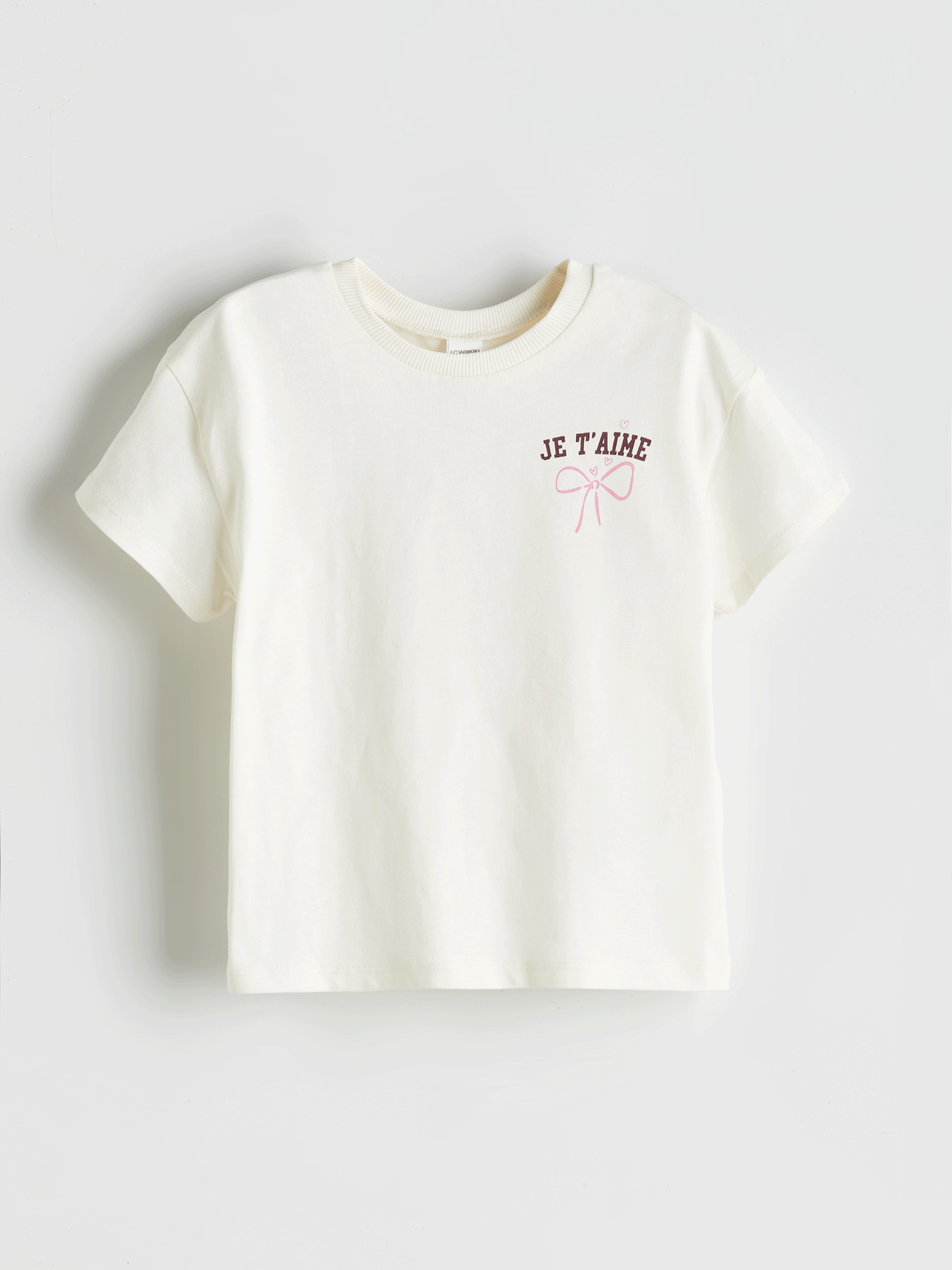 Ekru Bisiklet Yaka Baskılı Kız Çocuk Tişört