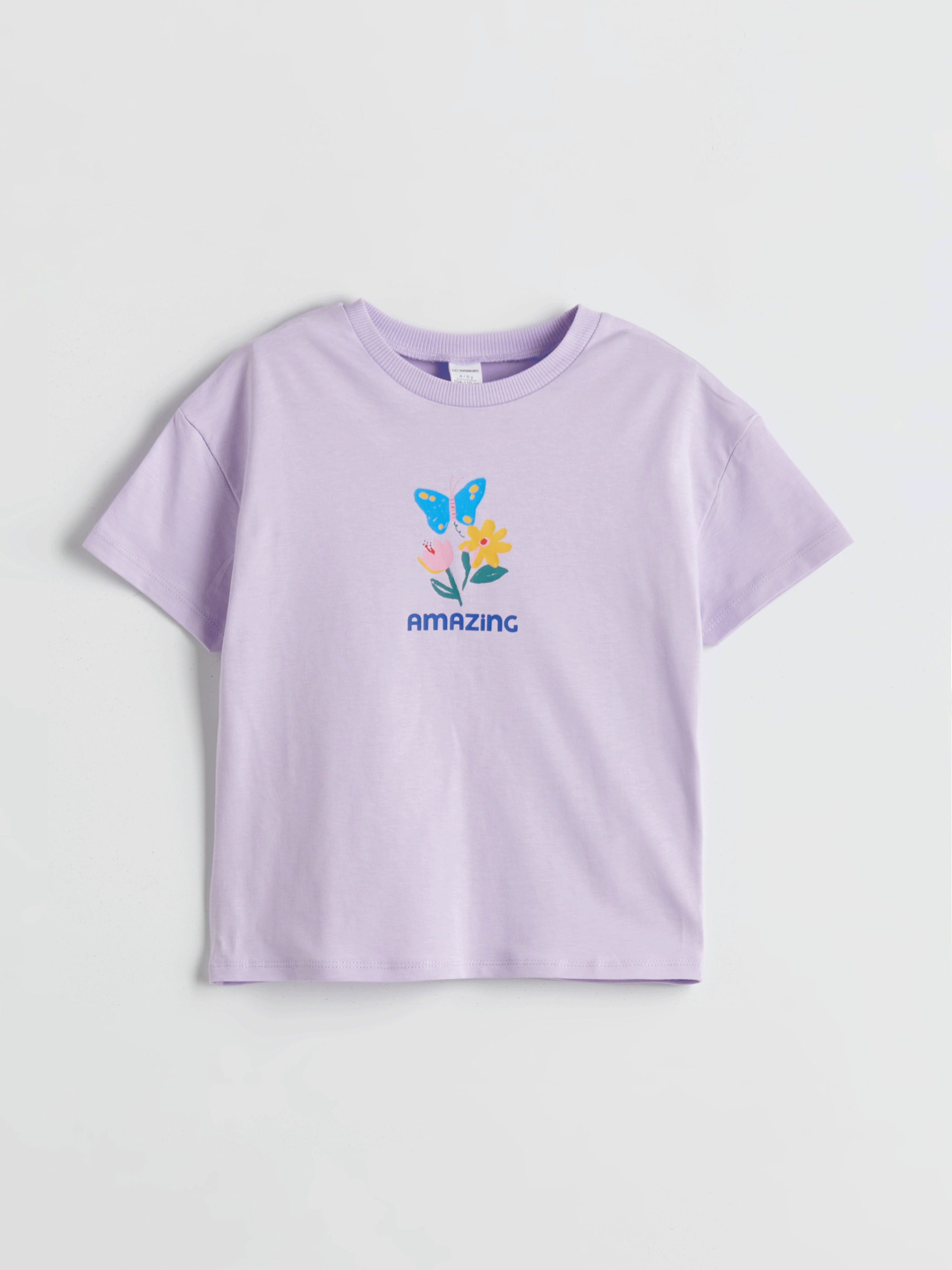 Lila Bisiklet Yaka Çiçekli Kız Çocuk Tişört