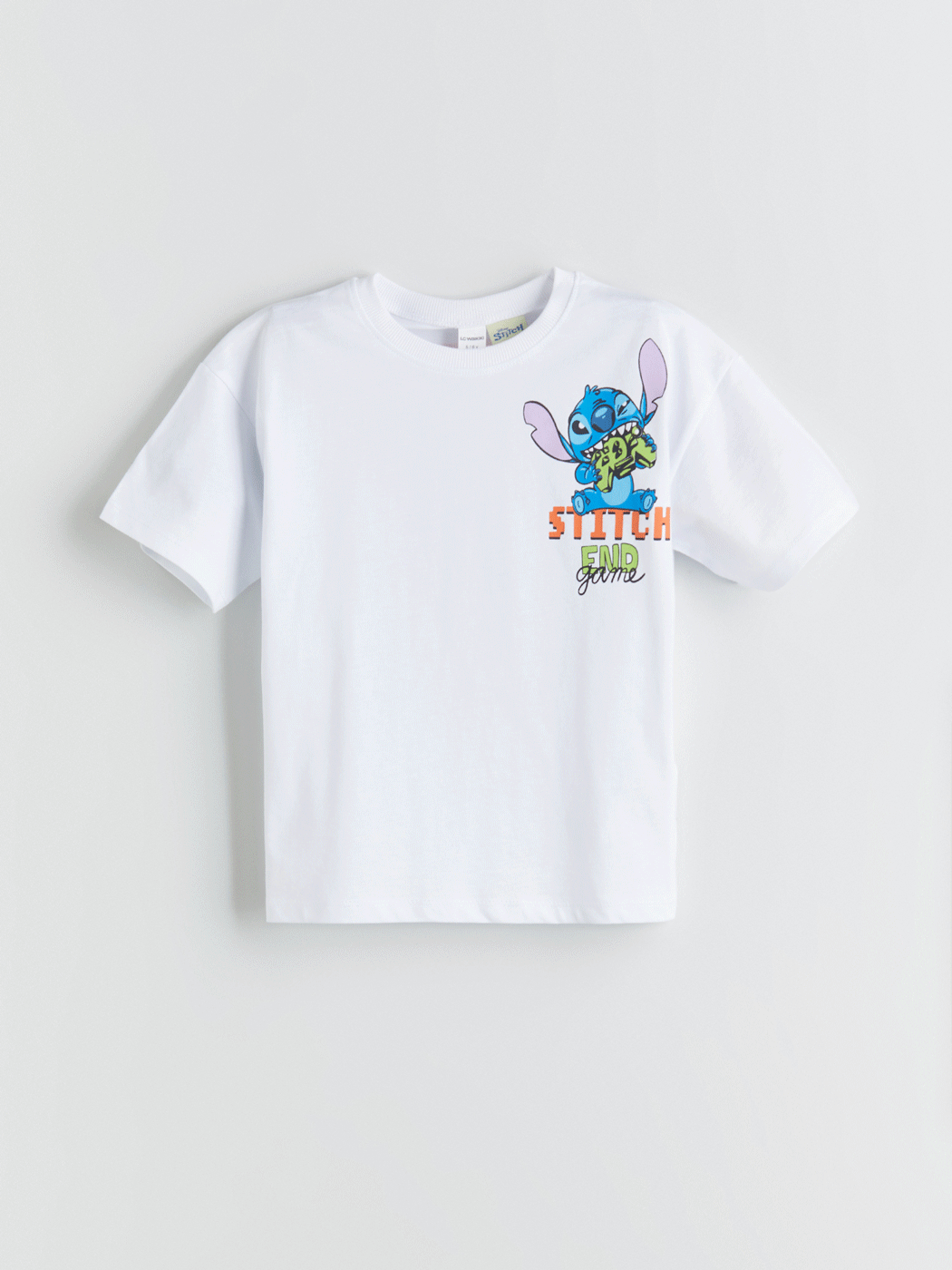 Beyaz Bisiklet Yaka Stitch Baskılı Erkek Çocuk Tişört