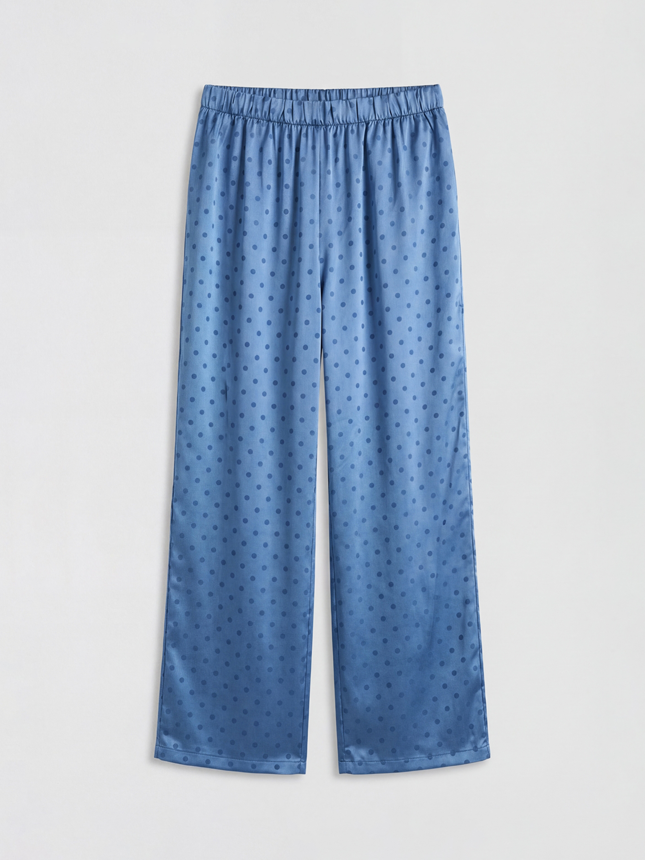 Mavi V Yaka Puantiyeli Kadın Saten Pijama Takımı-8