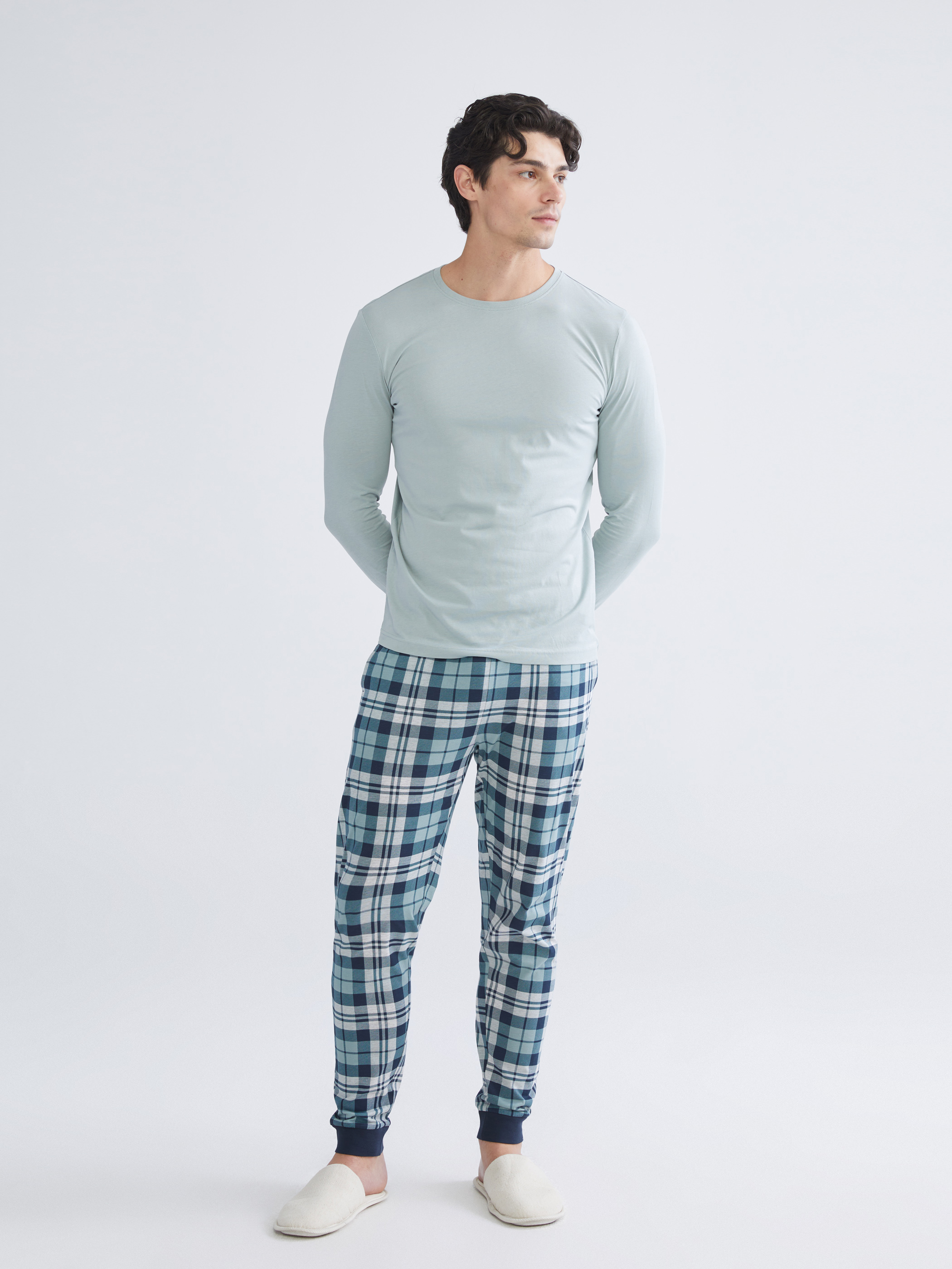 Mavi Bisiklet Yaka Erkek Pijama Üst-1