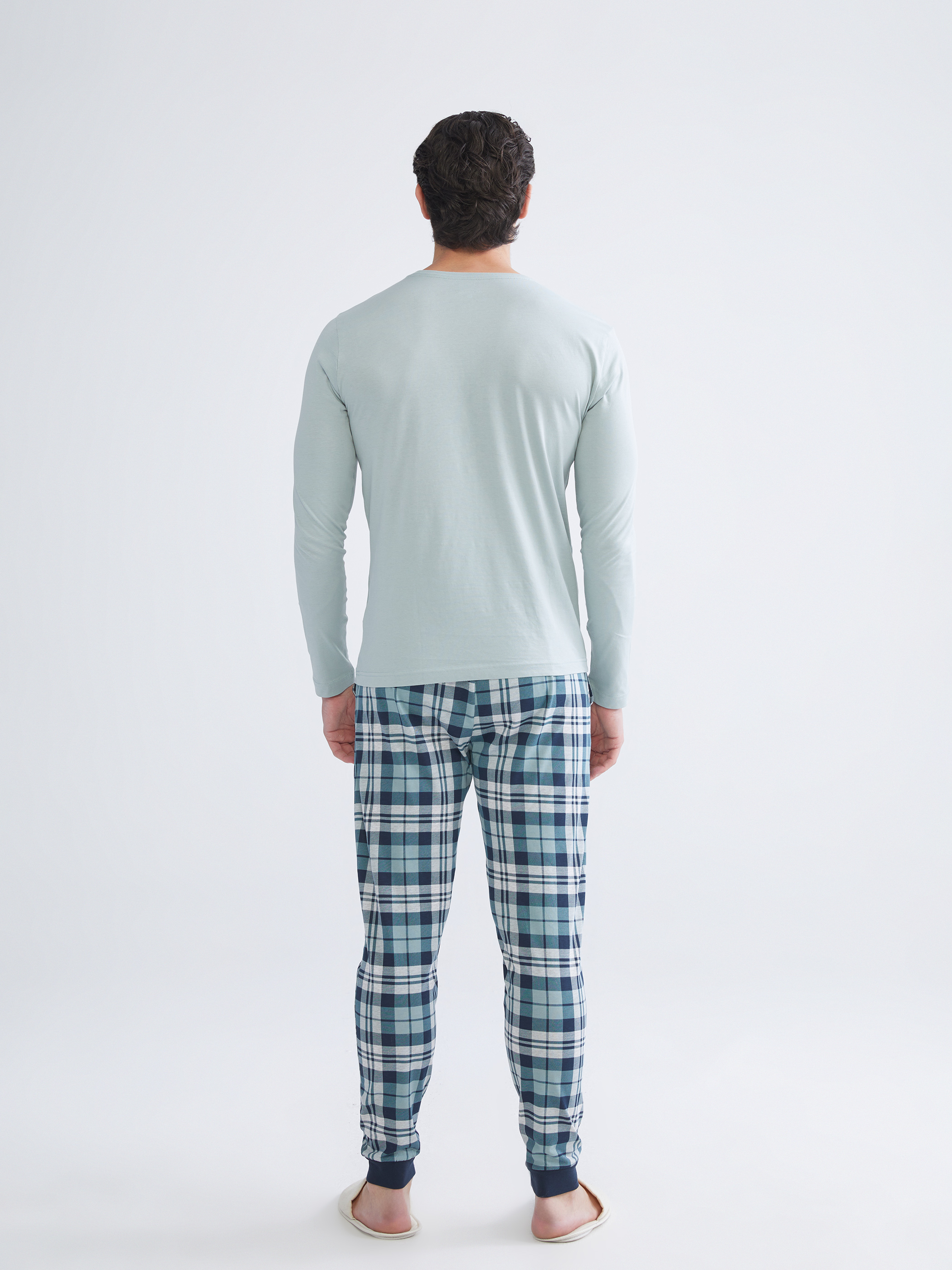 Mavi Bisiklet Yaka Erkek Pijama Üst-3