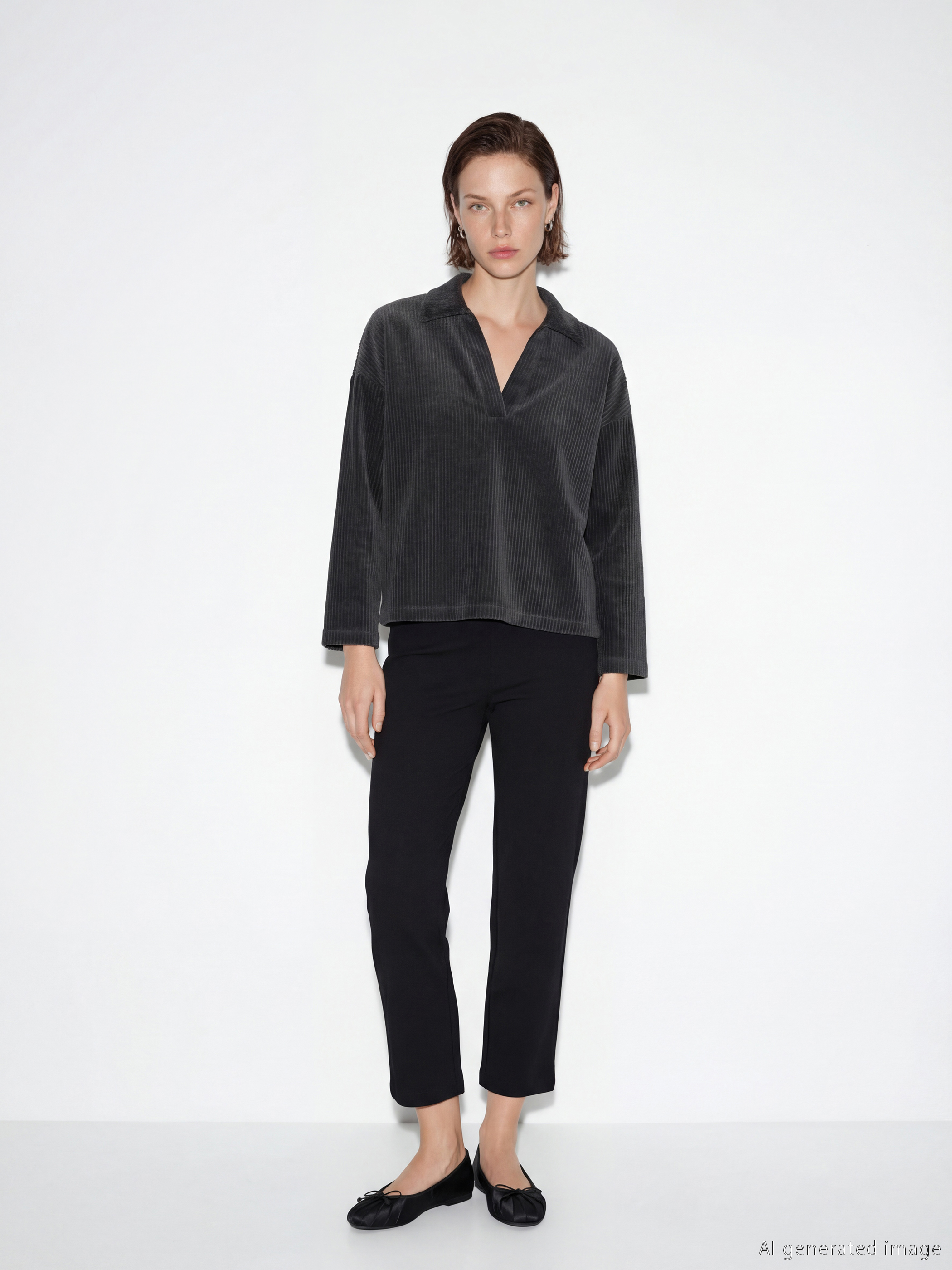 Polo Yaka Oversize Kadife Kadın Sweatshirt-1