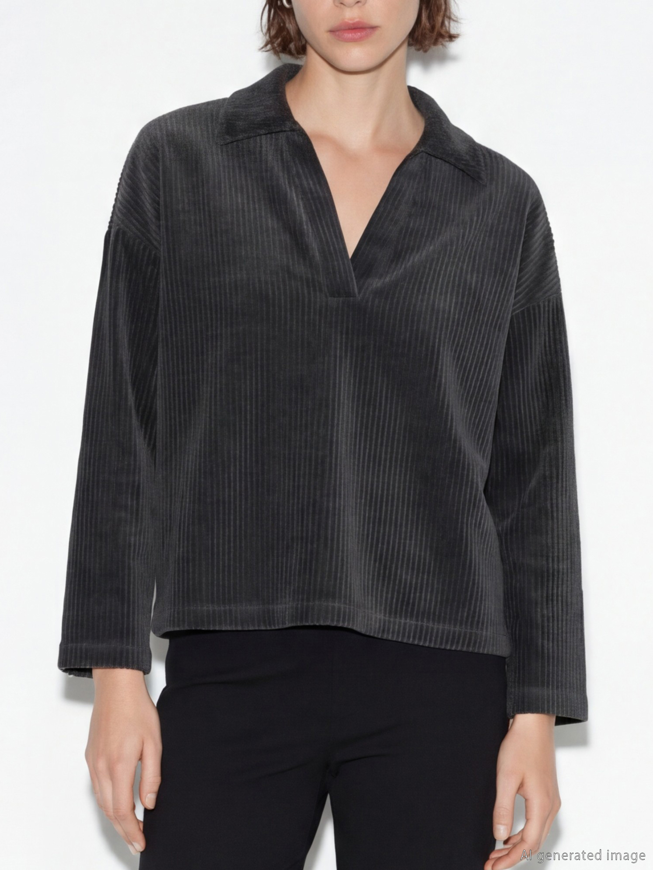 Polo Yaka Oversize Kadife Kadın Sweatshirt-2