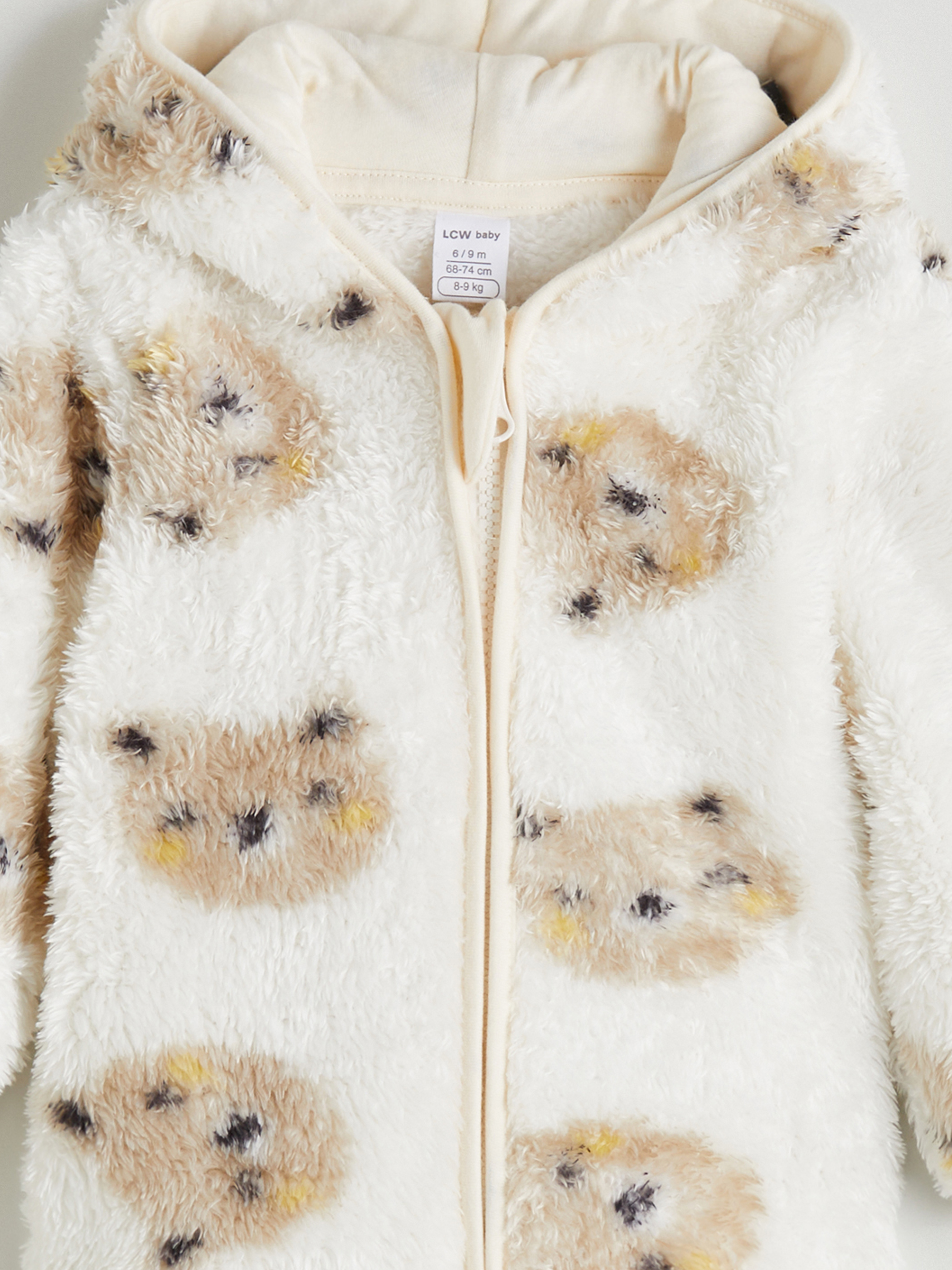 Ekru Kapüşonlu Pelüş Erkek Bebek Fermuarlı Sweatshirt-2