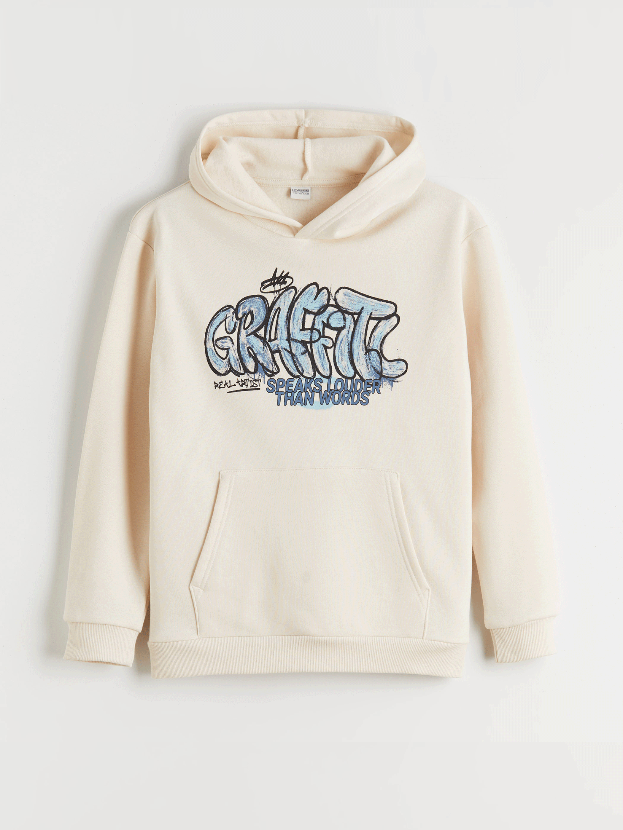 Bej Kapüşonlu Baskılı Erkek Çocuk Kalın Sweatshirt-3