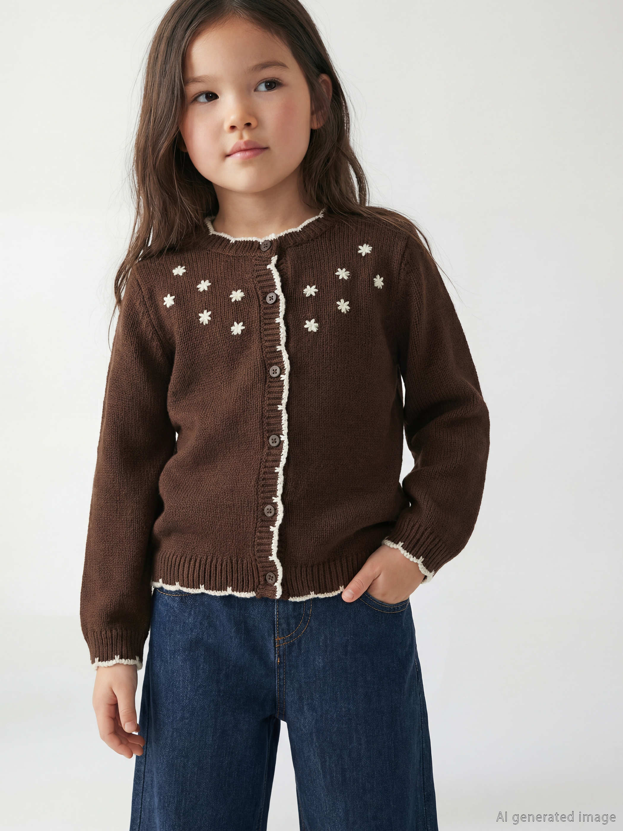 LCW Kids Bisiklet Yaka Çiçek Nakışlı Kız Çocuk Triko Hırka - W5MJ09Z1-HHA
