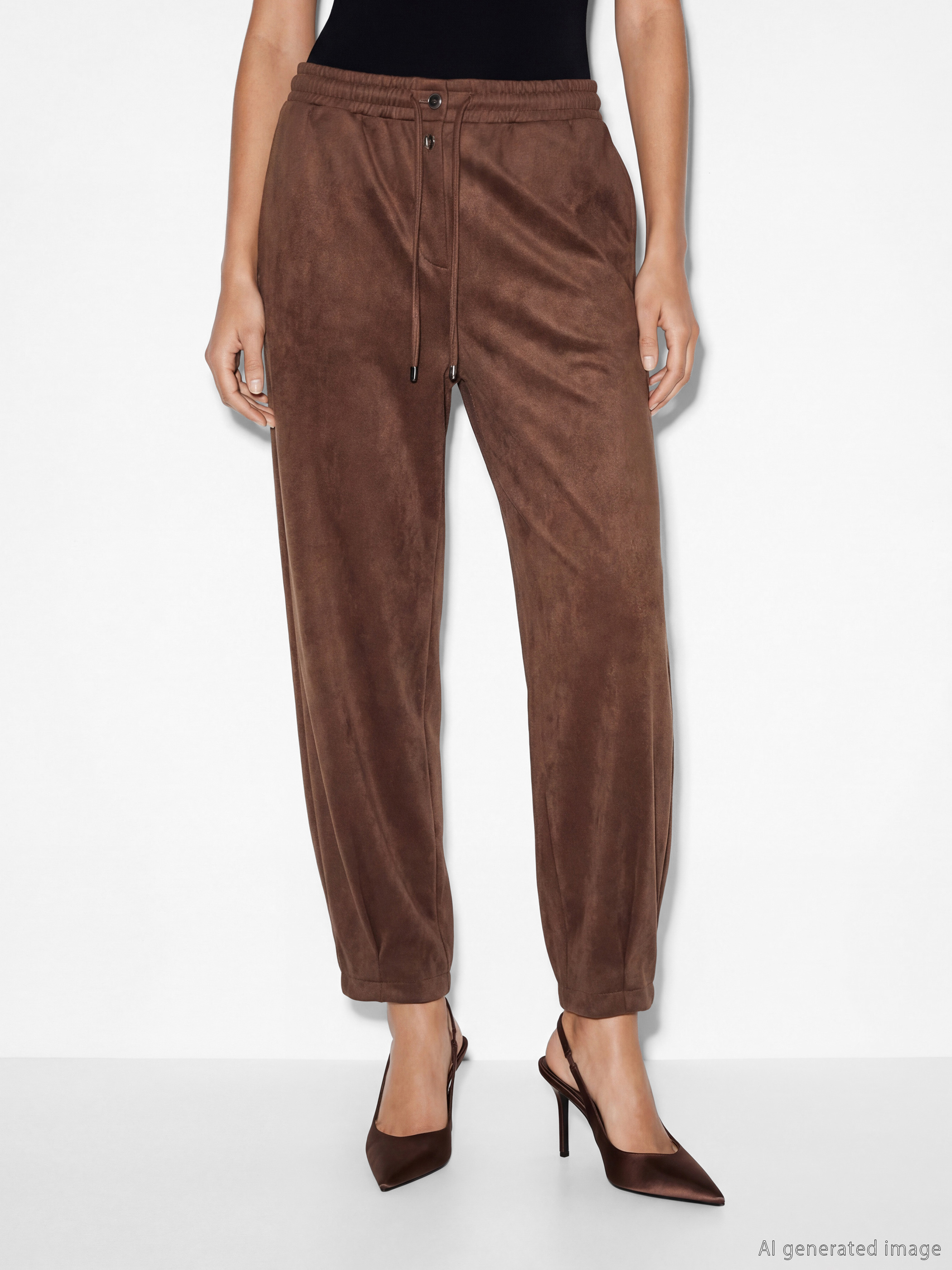 Kahverengi Beli Lastikli Süet Görünümlü Kadın Jogger Pantolon-1