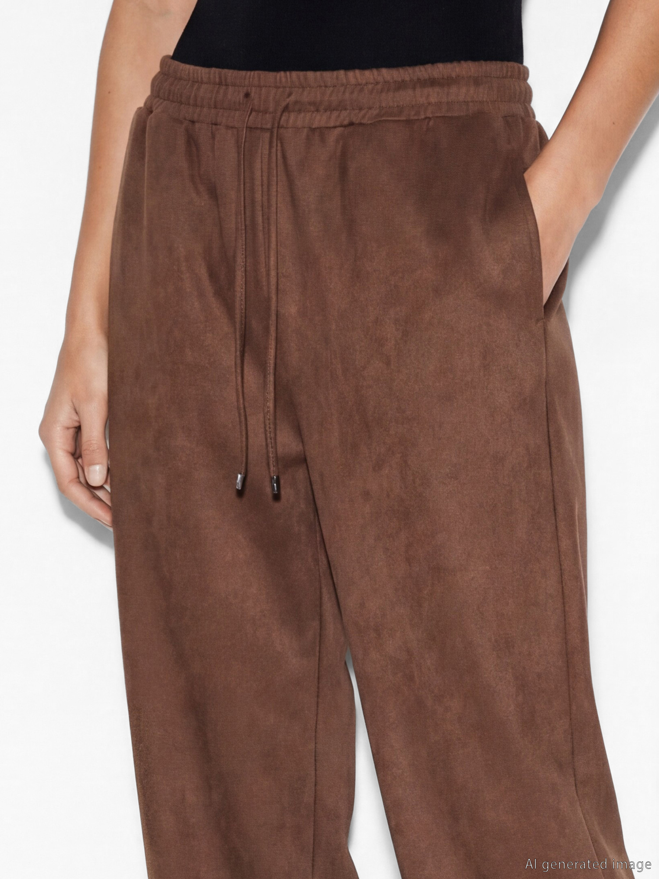 Kahverengi Beli Lastikli Süet Görünümlü Kadın Jogger Pantolon-2