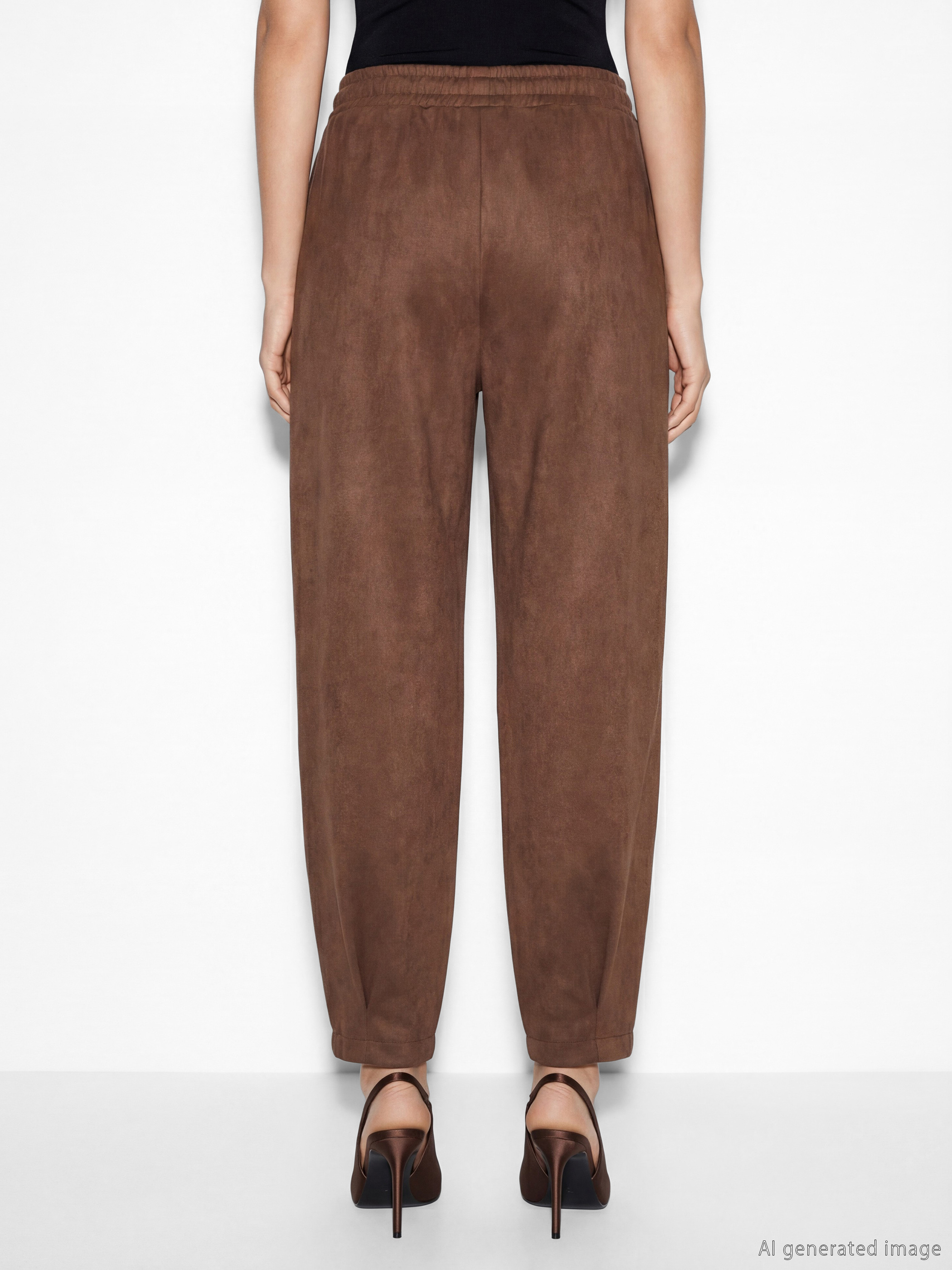 Kahverengi Beli Lastikli Süet Görünümlü Kadın Jogger Pantolon-3