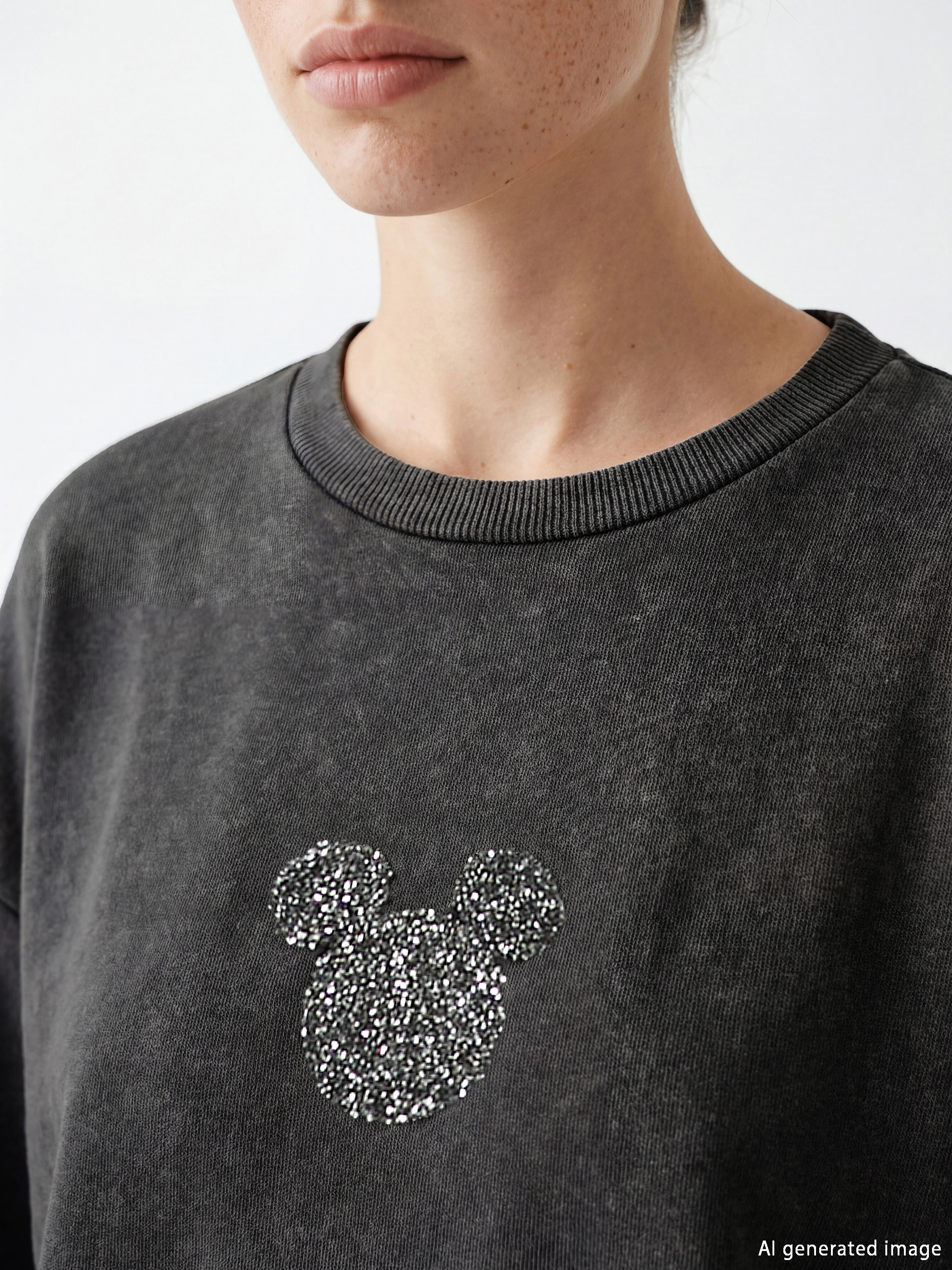 Antrasit Mickey Mouse İşlemeli Kadın Kalın Sweatshirt Tunik-2