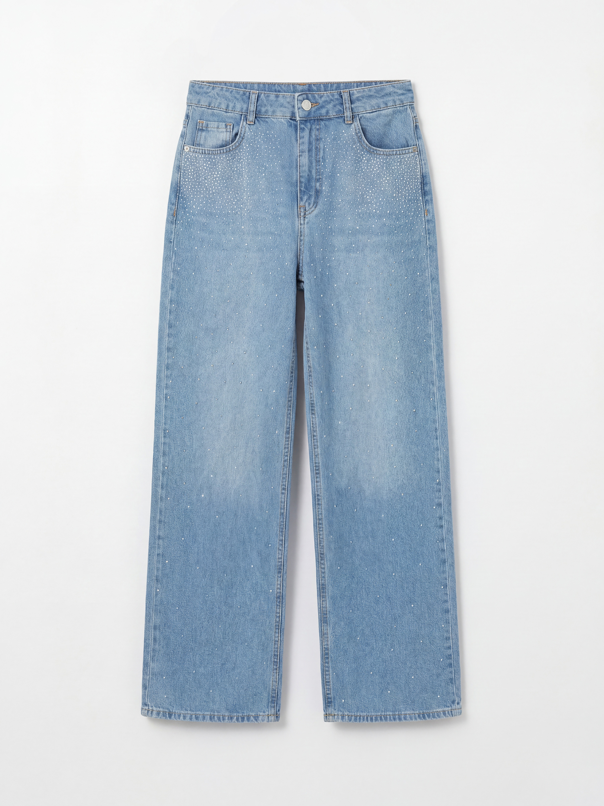 İndigo Wideleg Taşlı Kadın Jean Pantolon-8