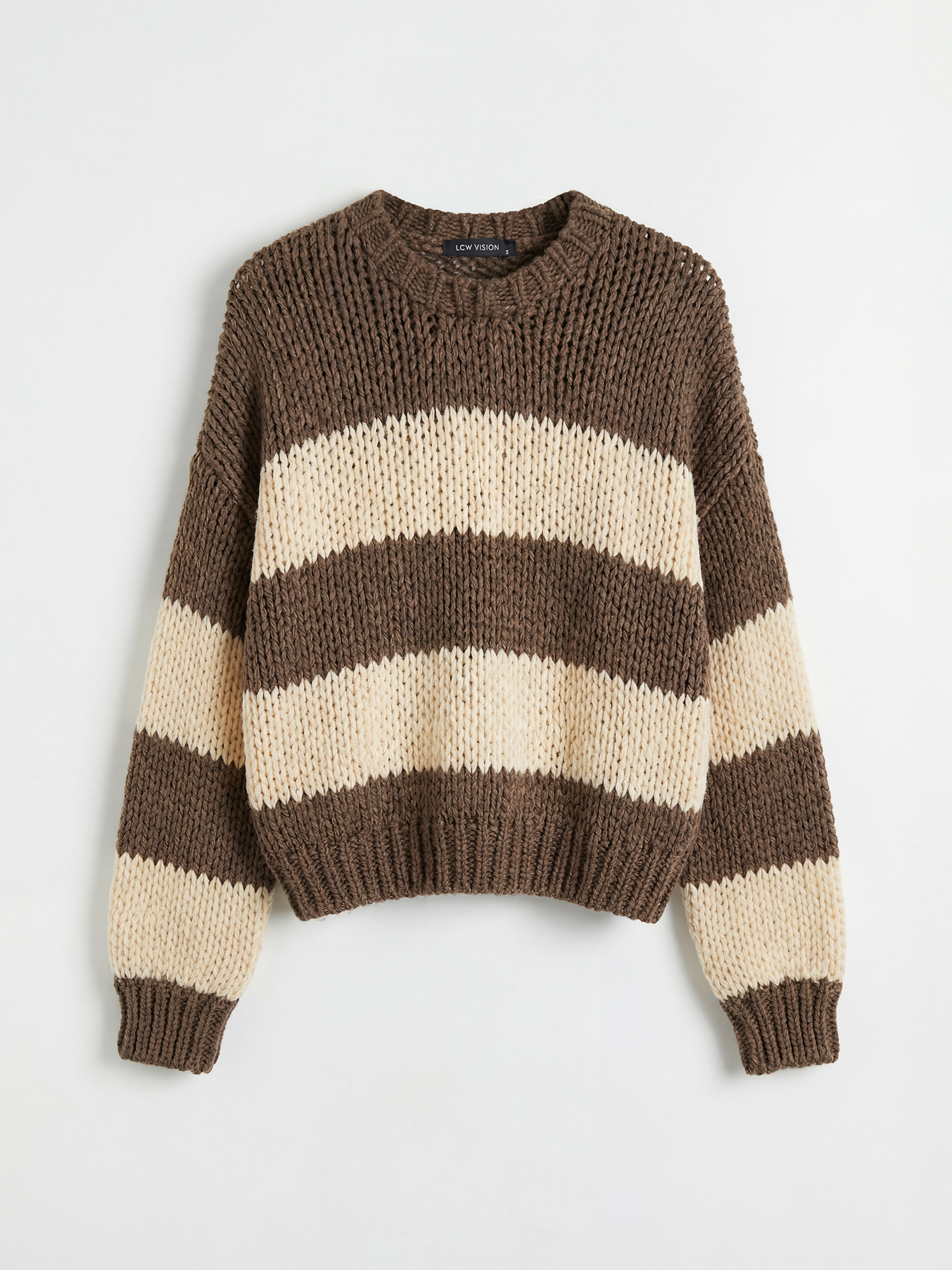 Kahverengi Çizgili Crop Yün Karışımlı Kadın Triko Kazak-4