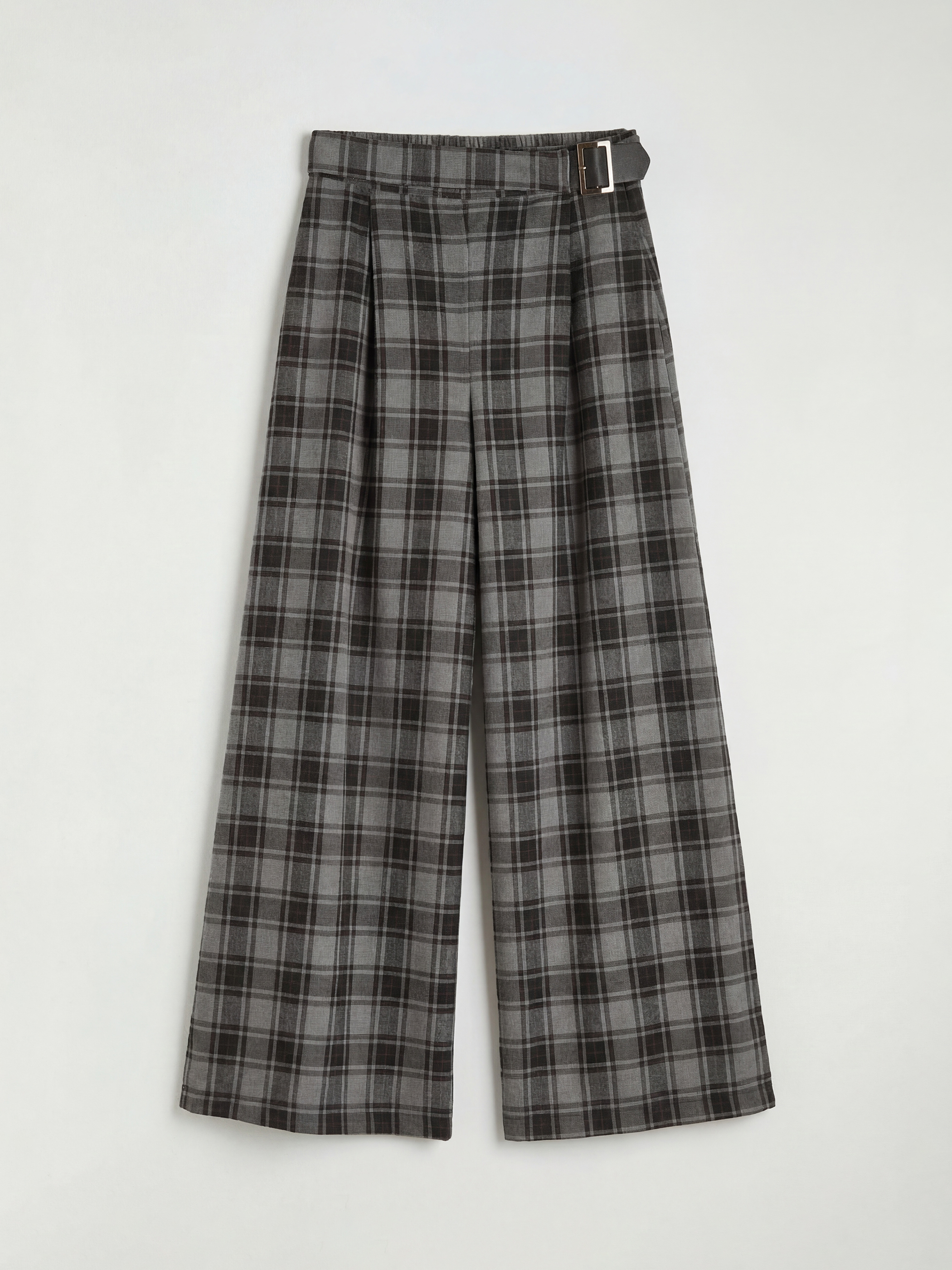 Siyah Beli Kemerli Ekose Geniş Paça Kadın Pantolon-4