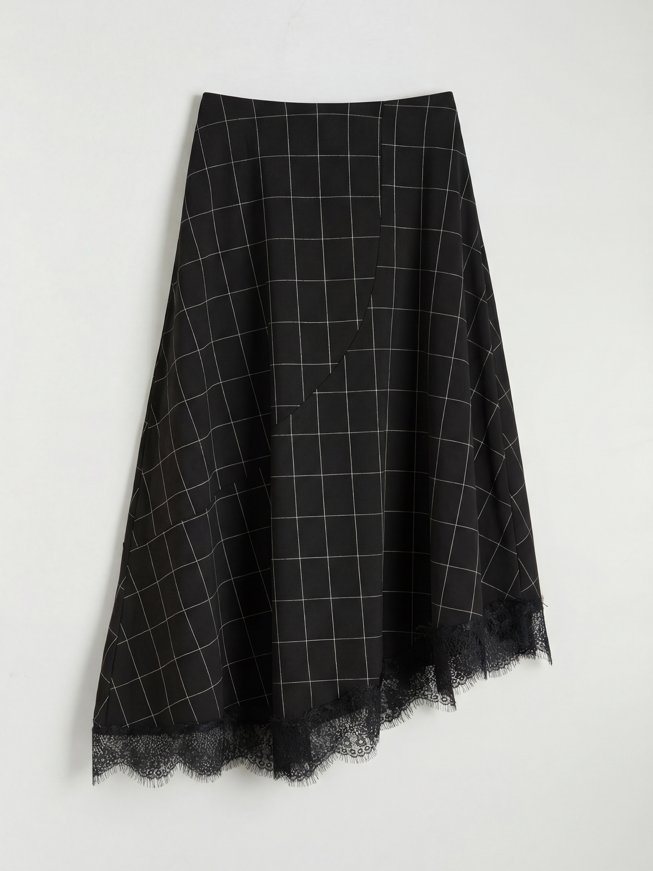 Siyah Beli Fermuarlı Ekose Dantel Detaylı Etek-3