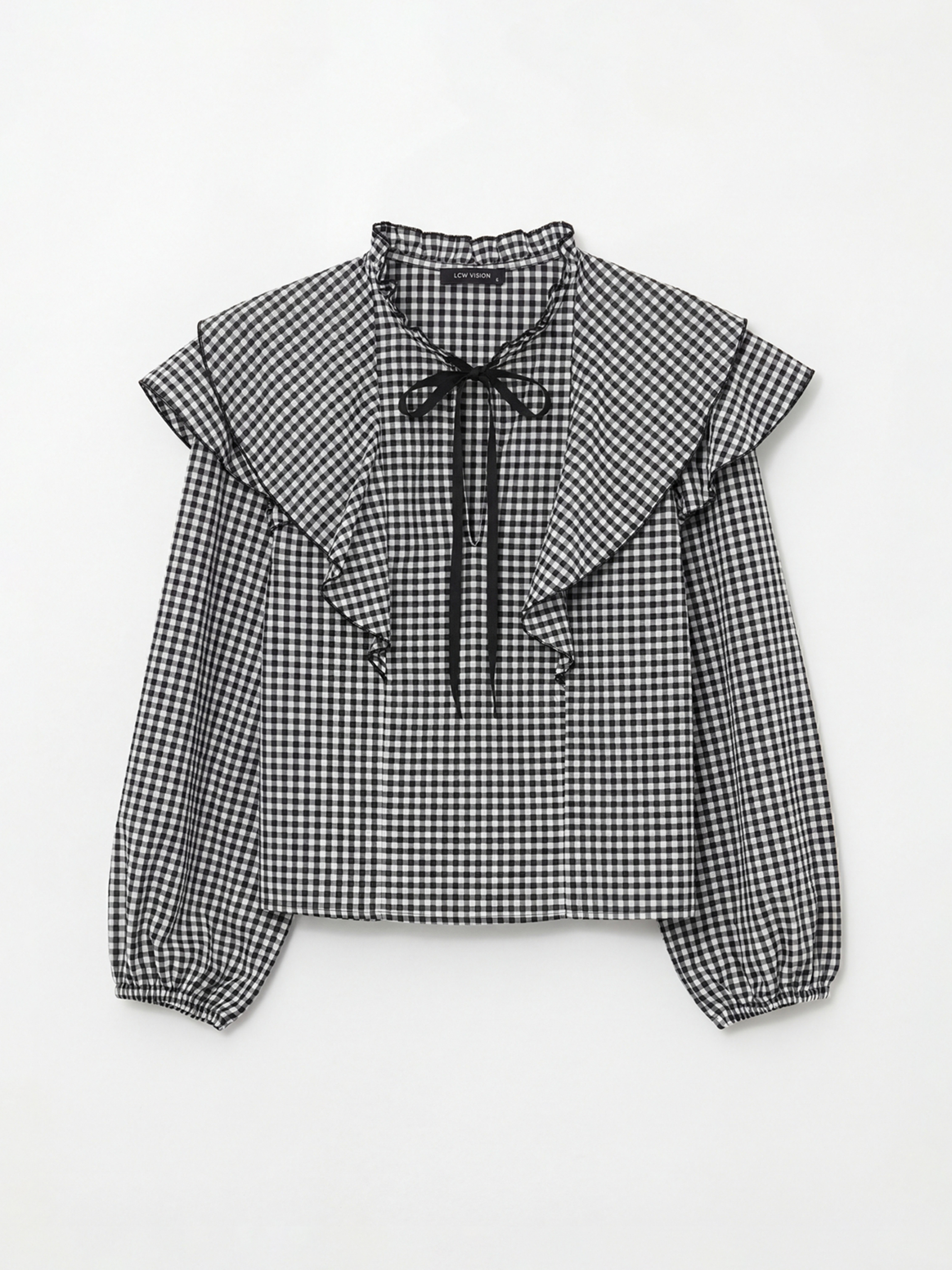 Siyah Bağlamalı Yaka Ekose Fırfırlı Bluz-3