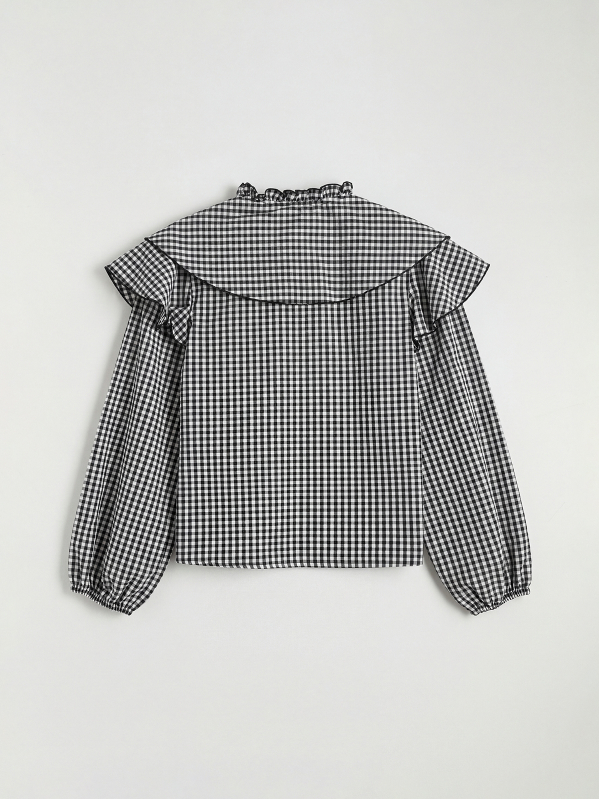 Siyah Bağlamalı Yaka Ekose Fırfırlı Bluz-4