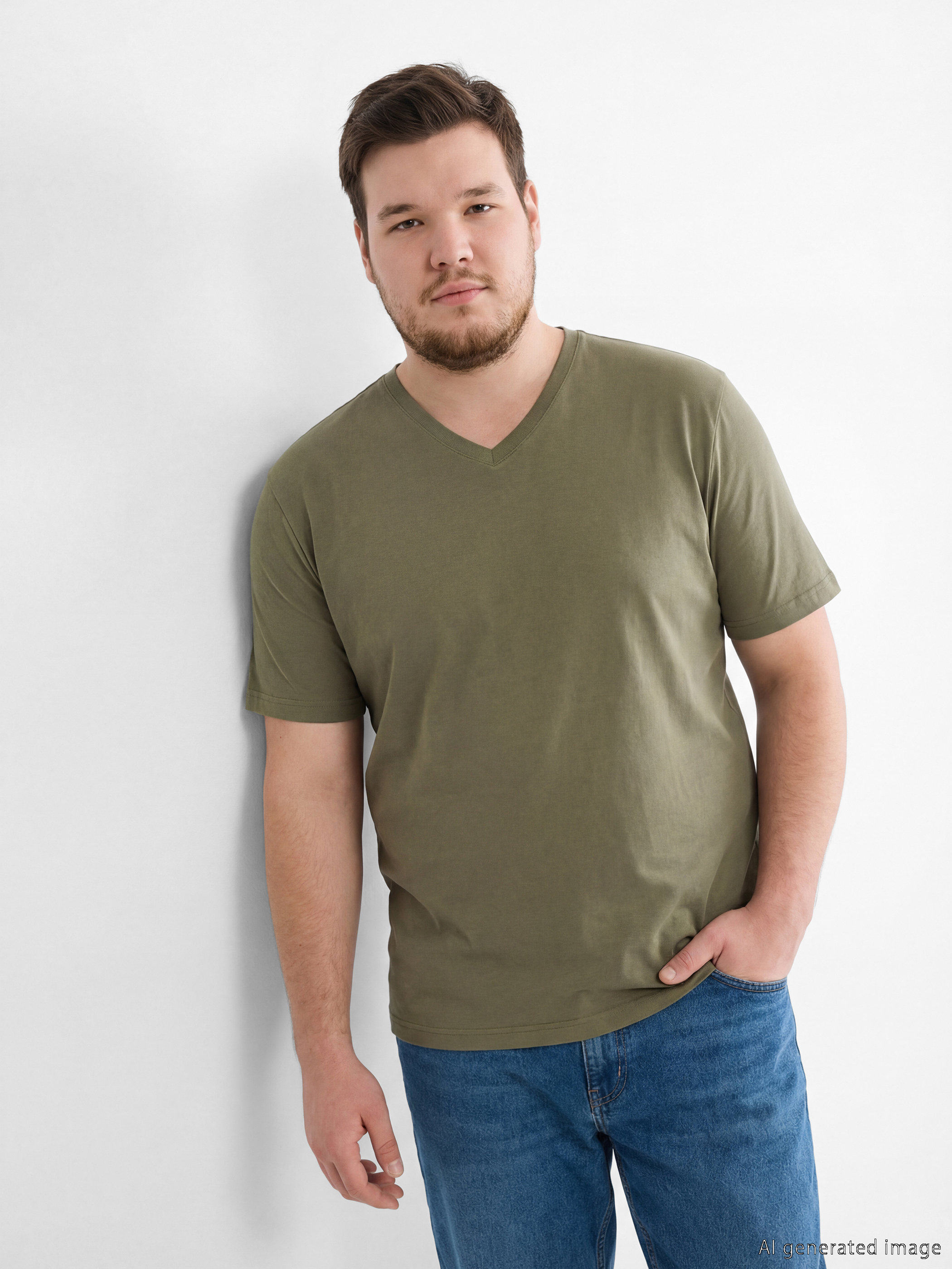 Haki V Yaka Penye Erkek Tişört-1