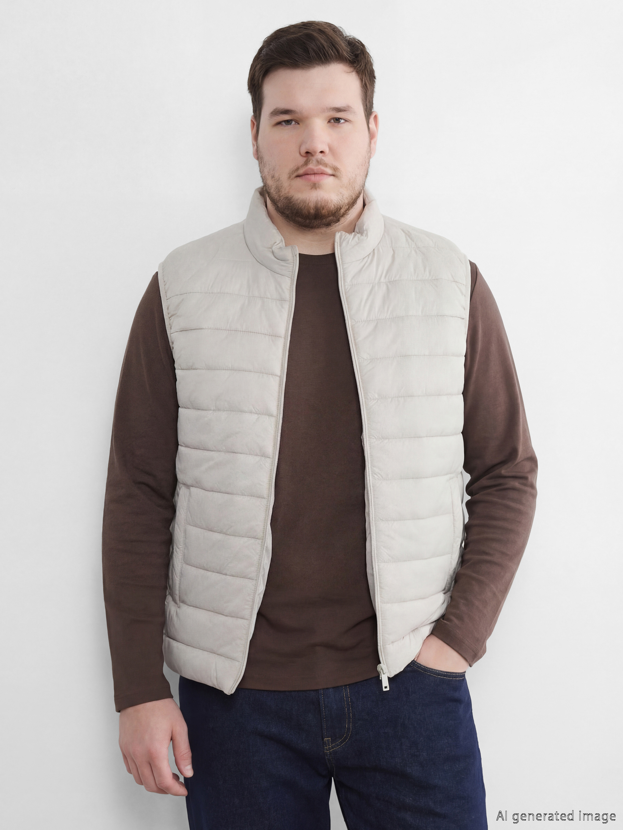 Bej Standart Kalıp Dik Yaka Erkek Şişme Yelek-1