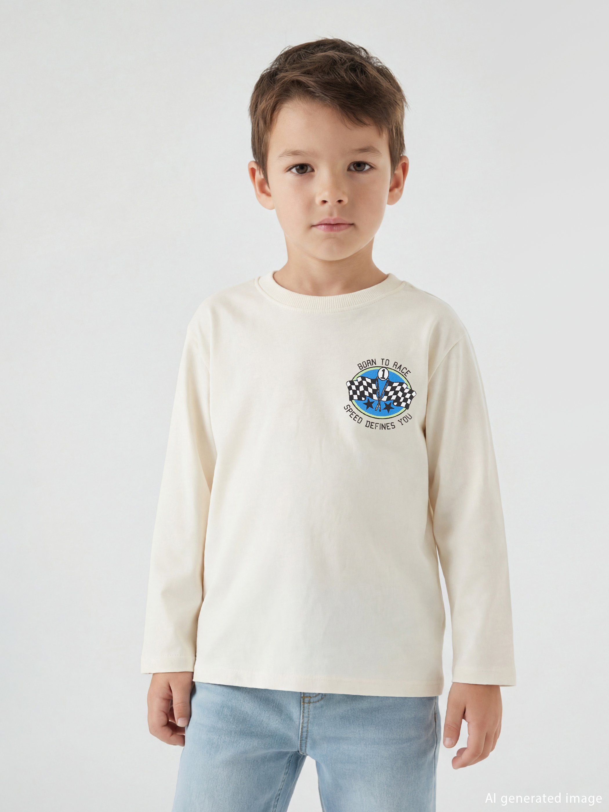 Bej Baskılı Uzun Kollu Erkek Çocuk Tişört-1