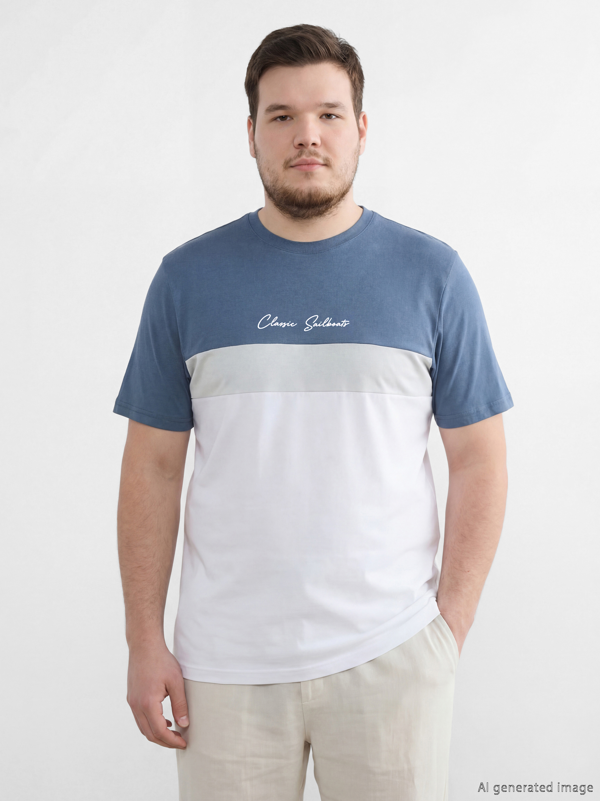 İndigo Bisiklet Yaka Renk Bloklu Penye Erkek Tişört-1