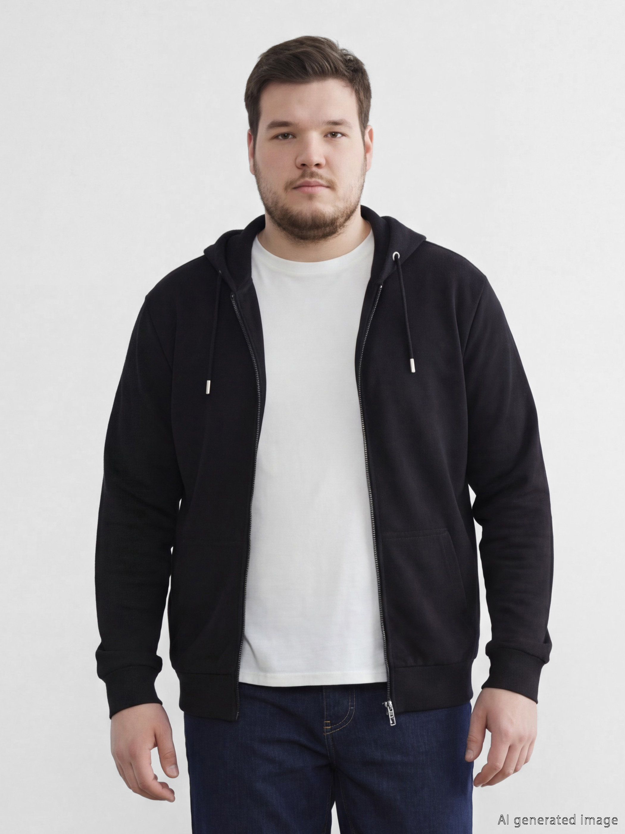 Siyah Standart Kalıp Kapüşonlu Erkek Fermuarlı Sweatshirt-1