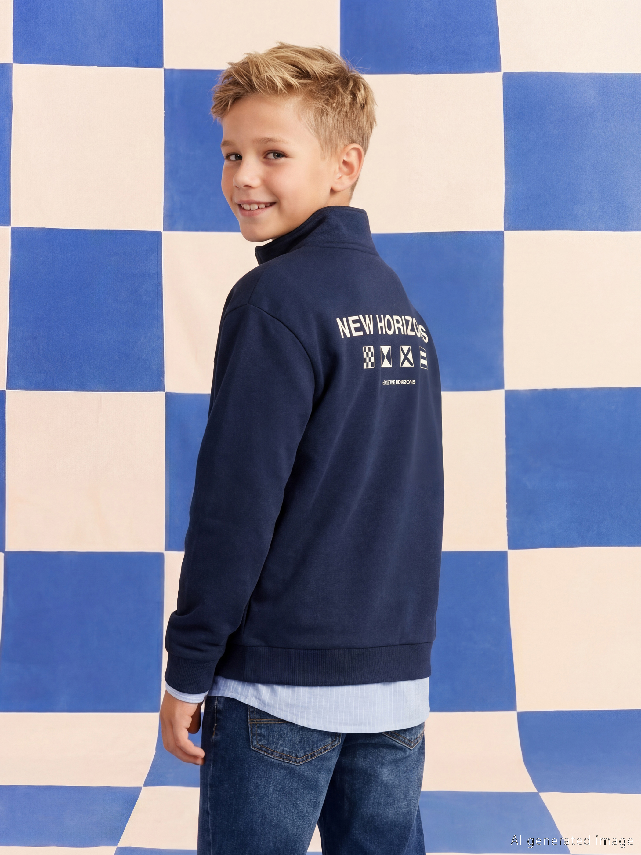 Lacivert Yarım Fermuarlı Yaka Erkek Çocuk Sweatshirt-3