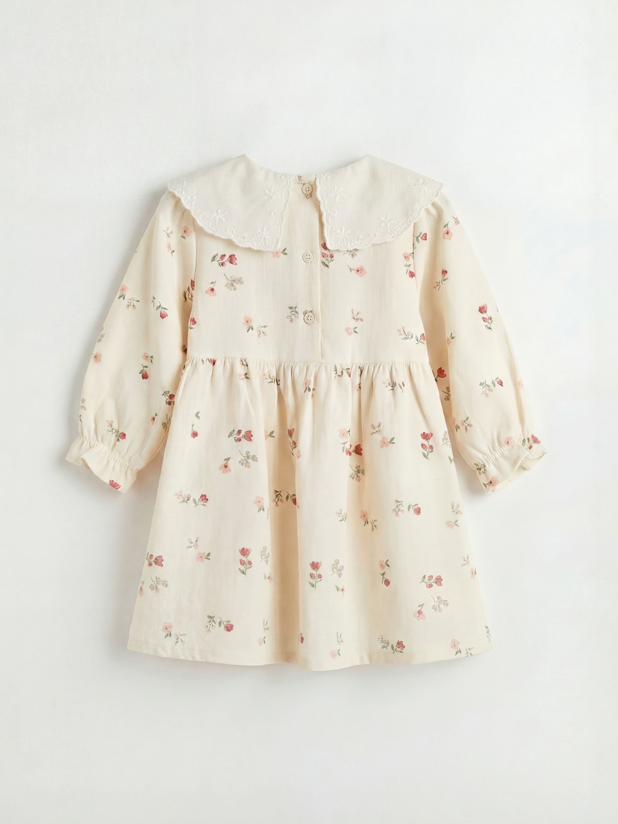 Bej Bebe Yaka Çiçek Desenli Kız Bebek Gabardin Elbise-2