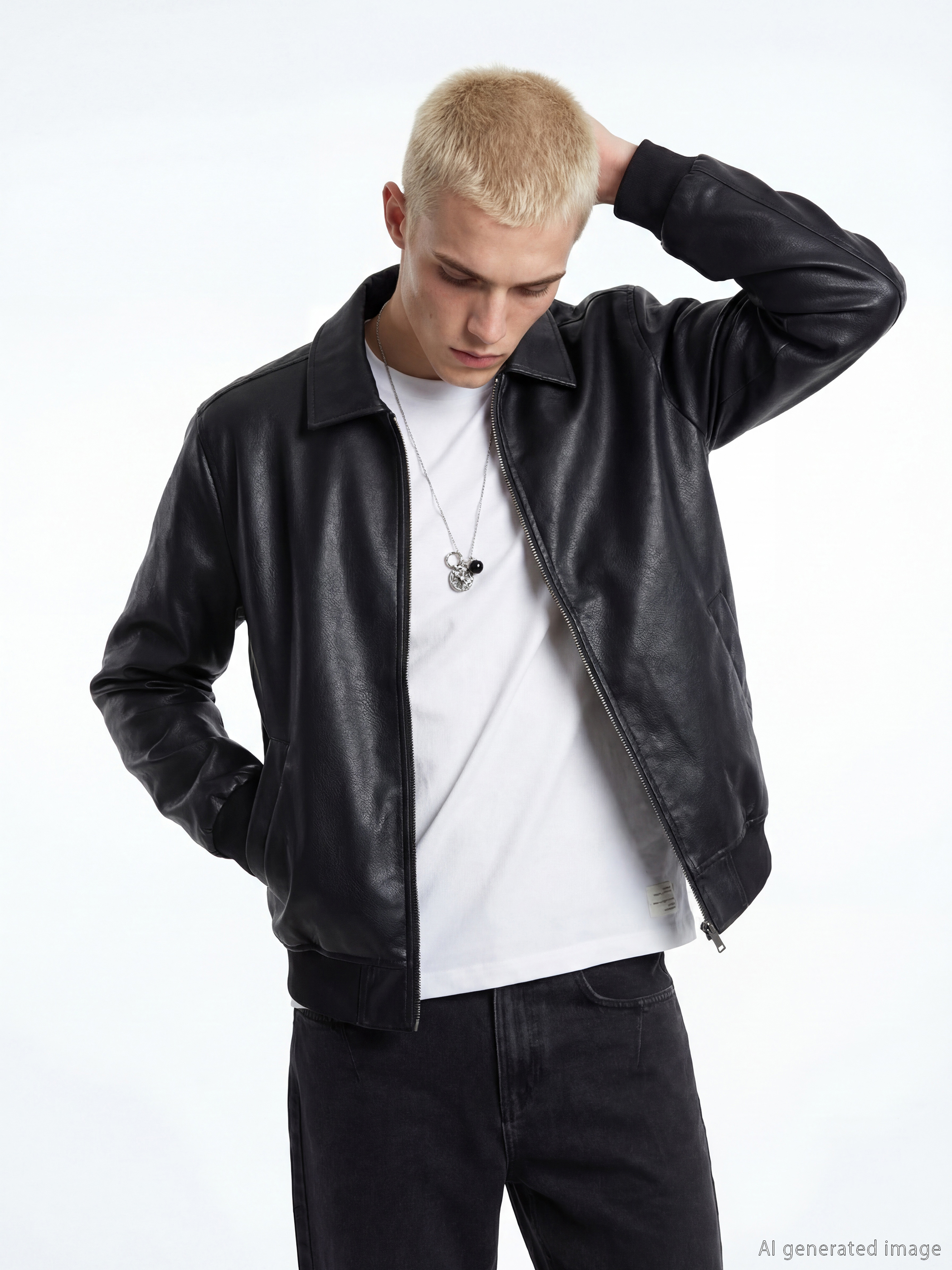 Siyah Standart Kalıp Gömlek Yaka Erkek Deri Görünümlü Mont-1