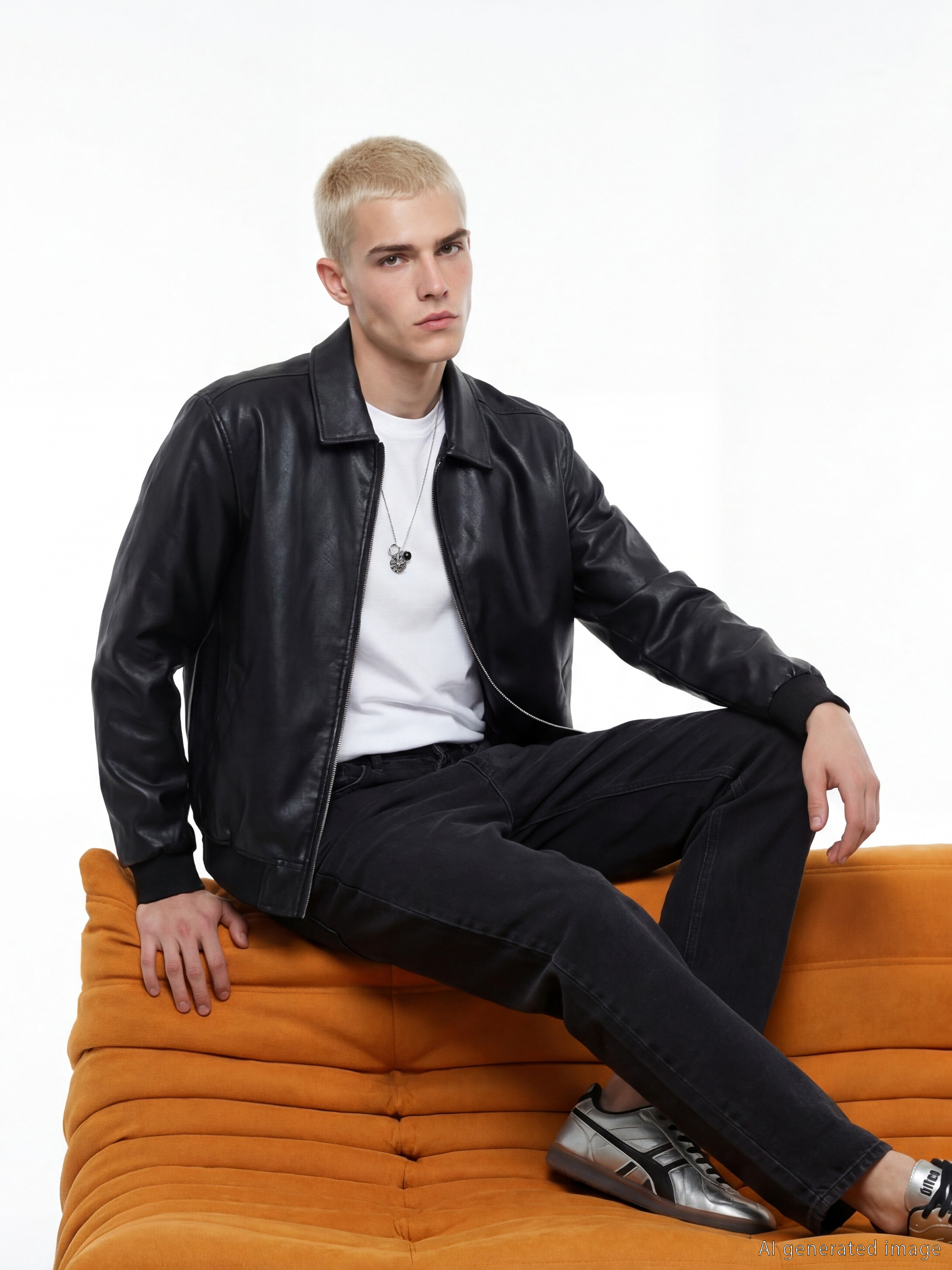 Siyah Standart Kalıp Gömlek Yaka Erkek Deri Görünümlü Mont-2