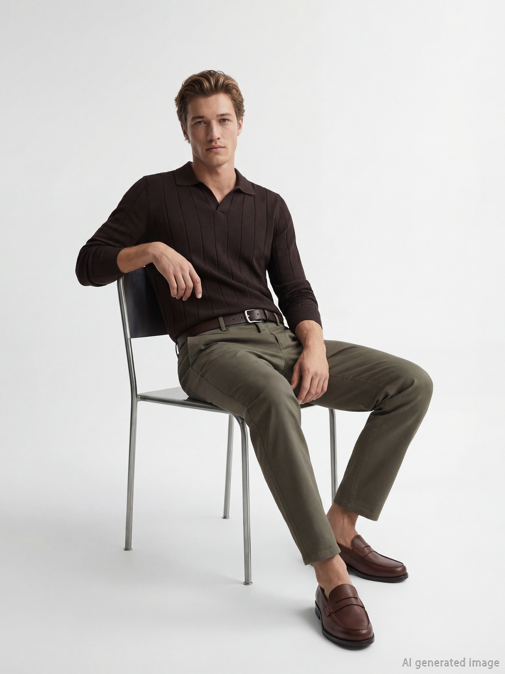 Kahverengi Polo Yaka Erkek Triko Kazak-4