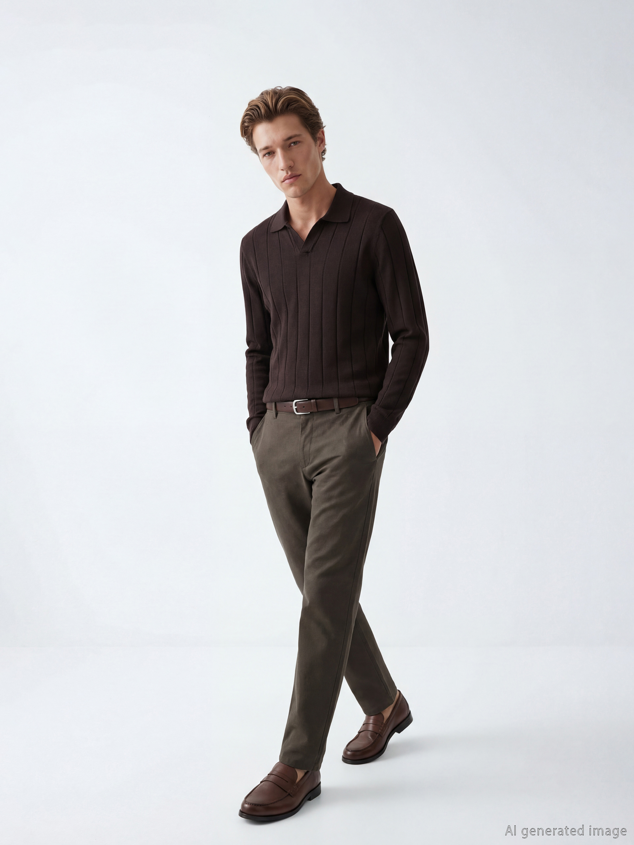 Kahverengi Polo Yaka Erkek Triko Kazak-5