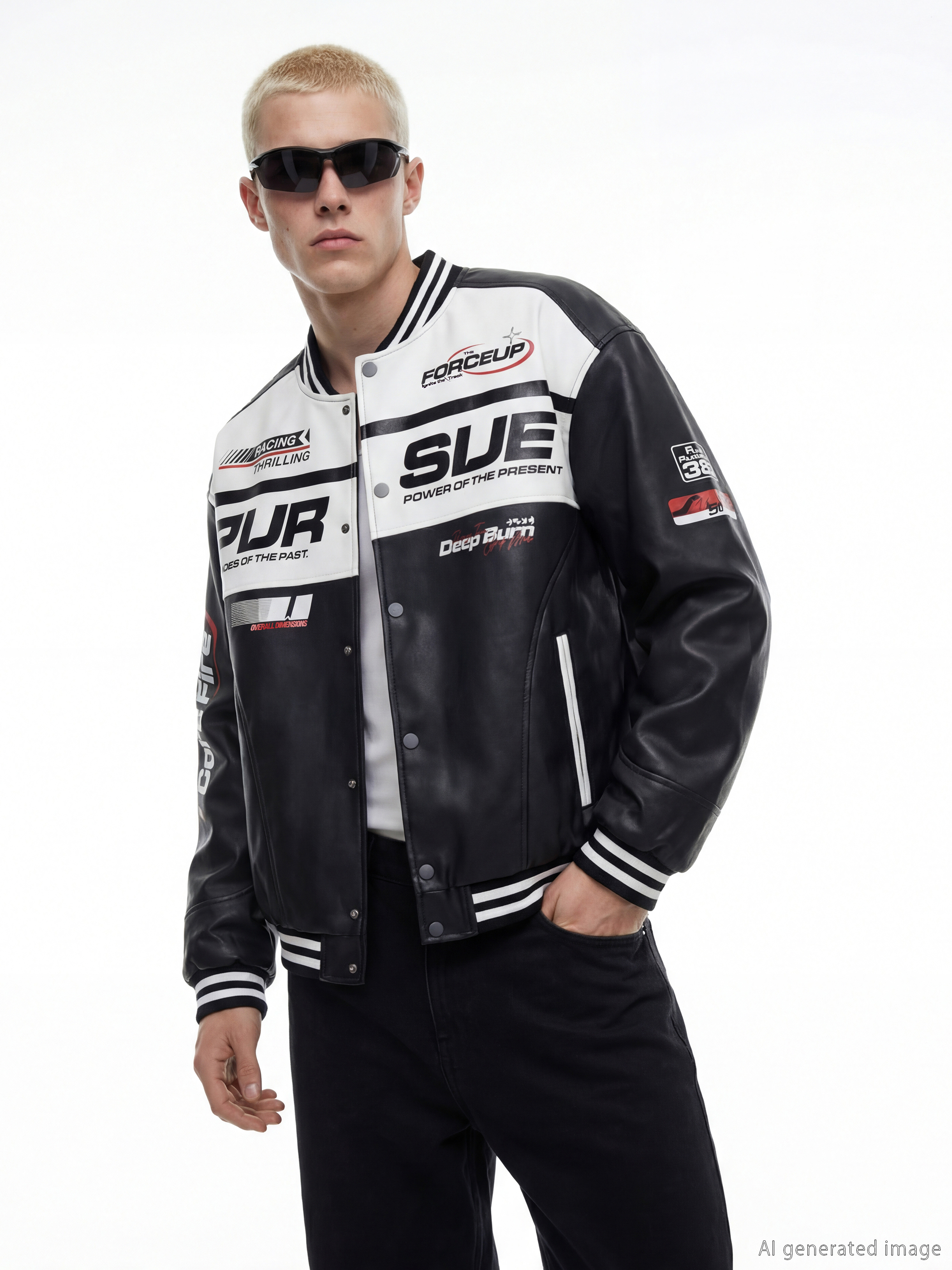 Siyah Rahat Kalıp Baskılı Erkek Deri Görünümlü Mont-1