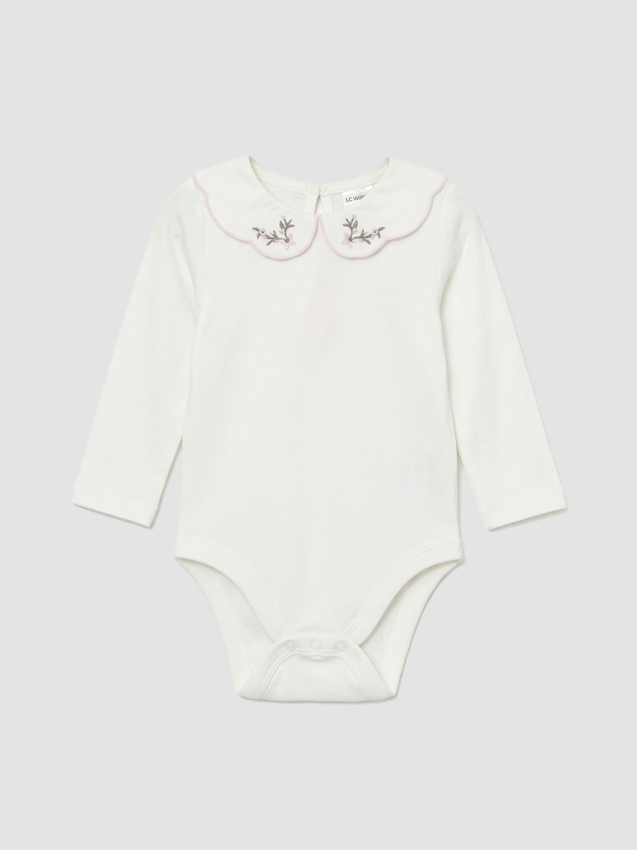 Ekru Bebe Yaka Nakışlı Kız Bebek Çıtçıtlı Body