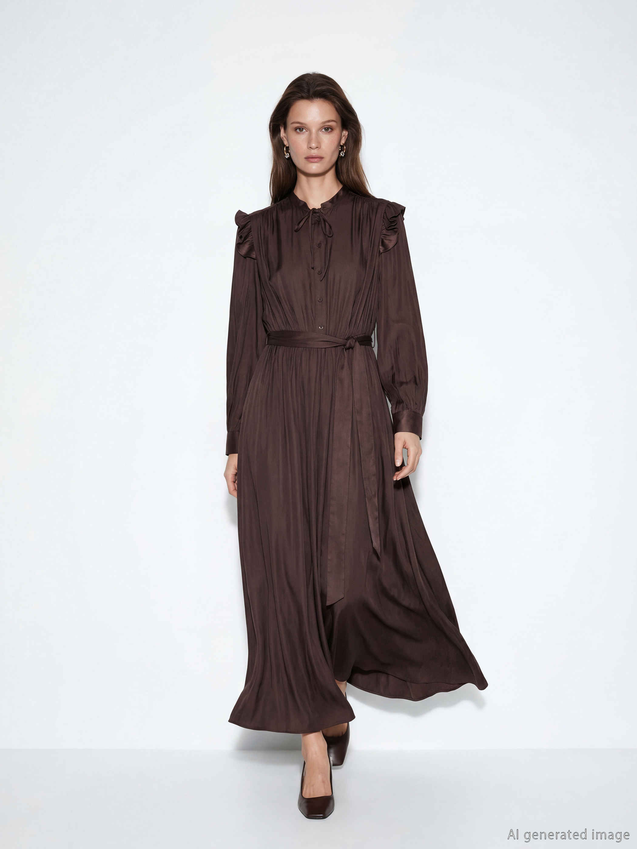 LCW Modest Fırfırlı Bağlamalı Yaka Saten Elbise - S64327Z8-ZM3