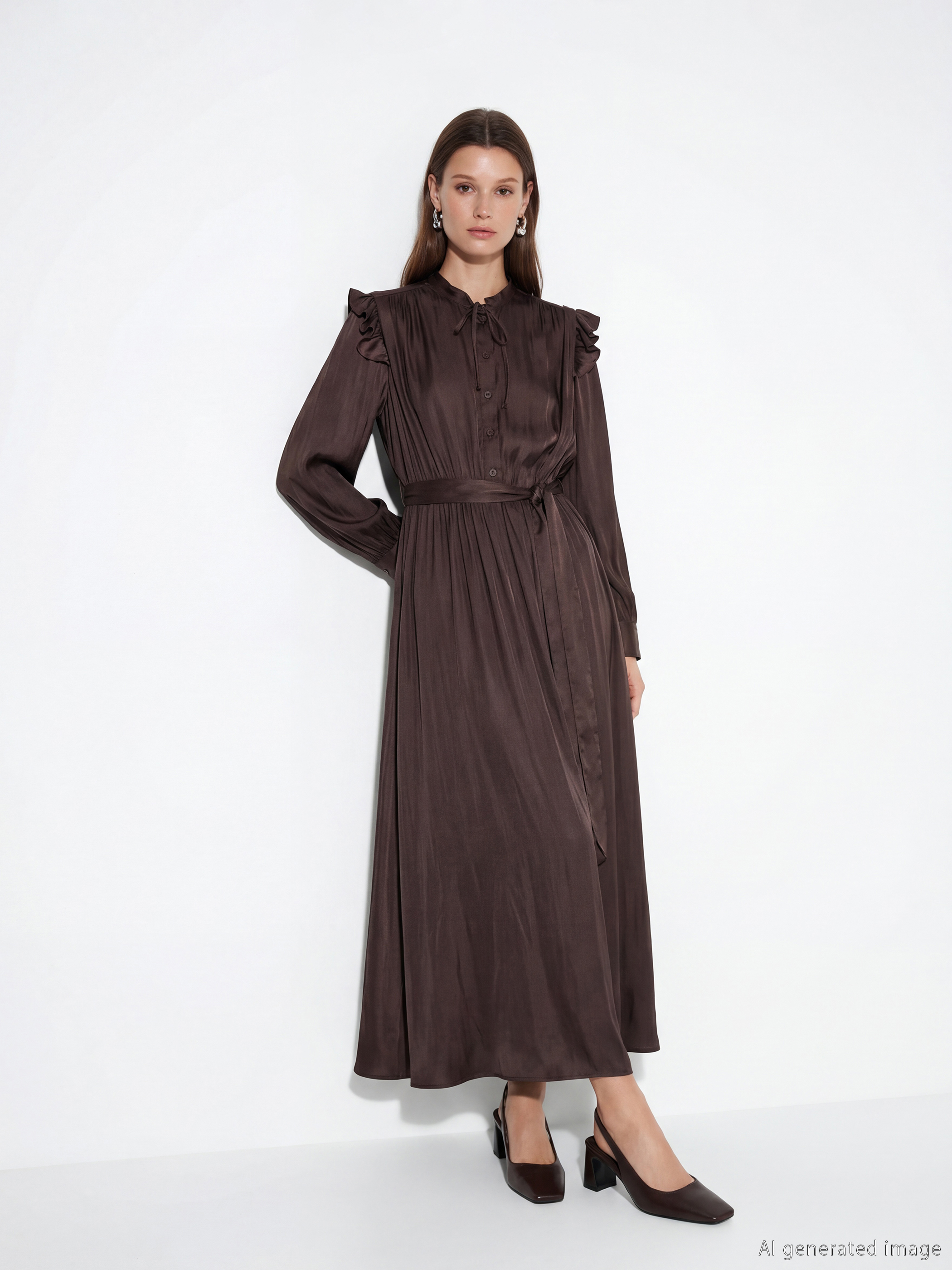 Kahverengi Fırfırlı Bağlamalı Yaka Saten Elbise-1