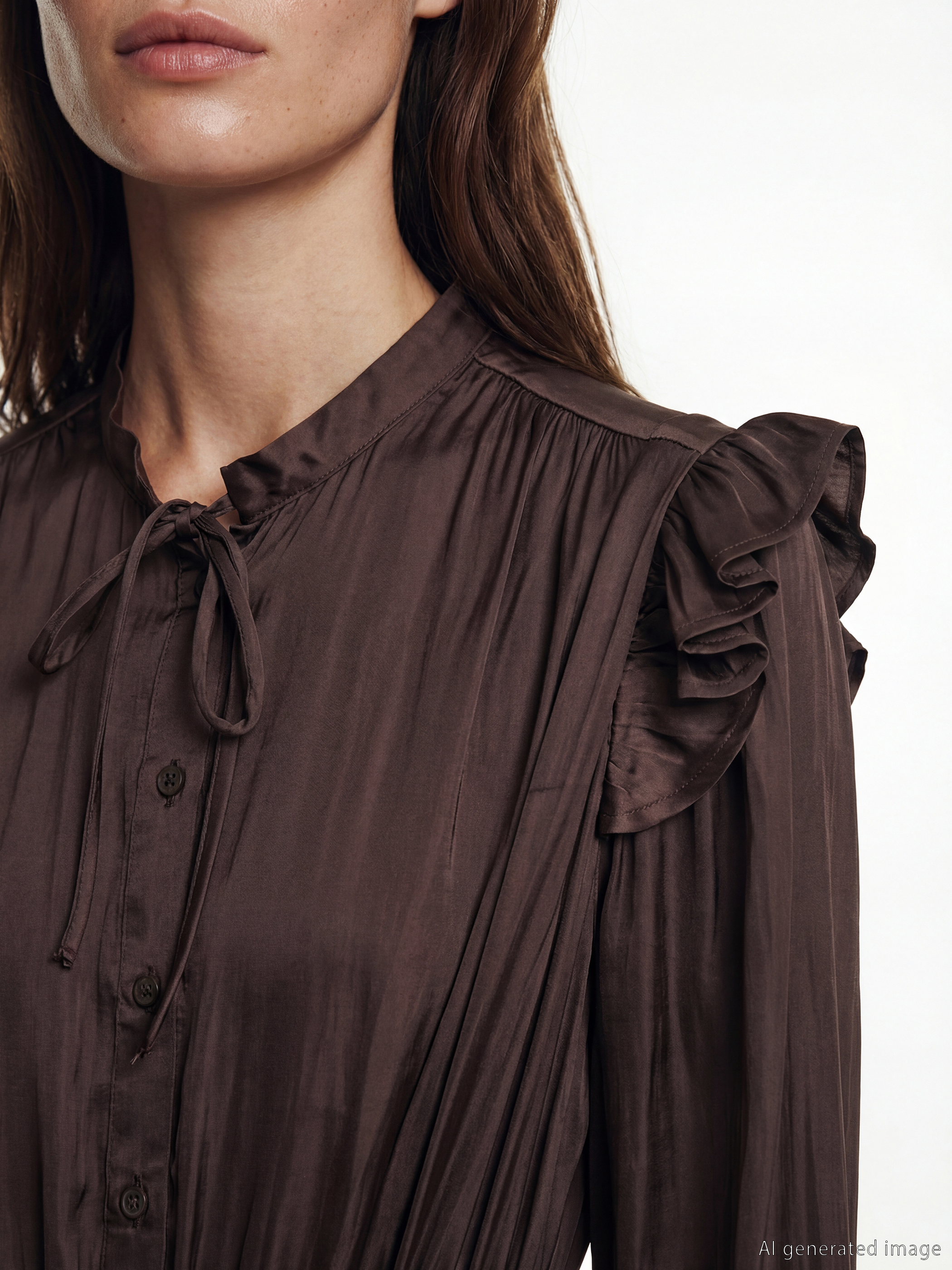 Kahverengi Fırfırlı Bağlamalı Yaka Saten Elbise-2