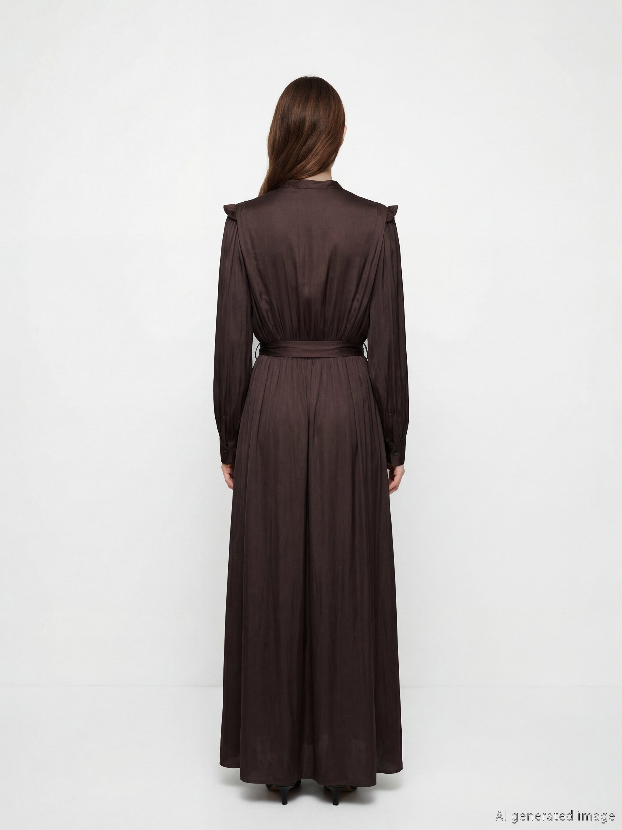 Kahverengi Fırfırlı Bağlamalı Yaka Saten Elbise-3