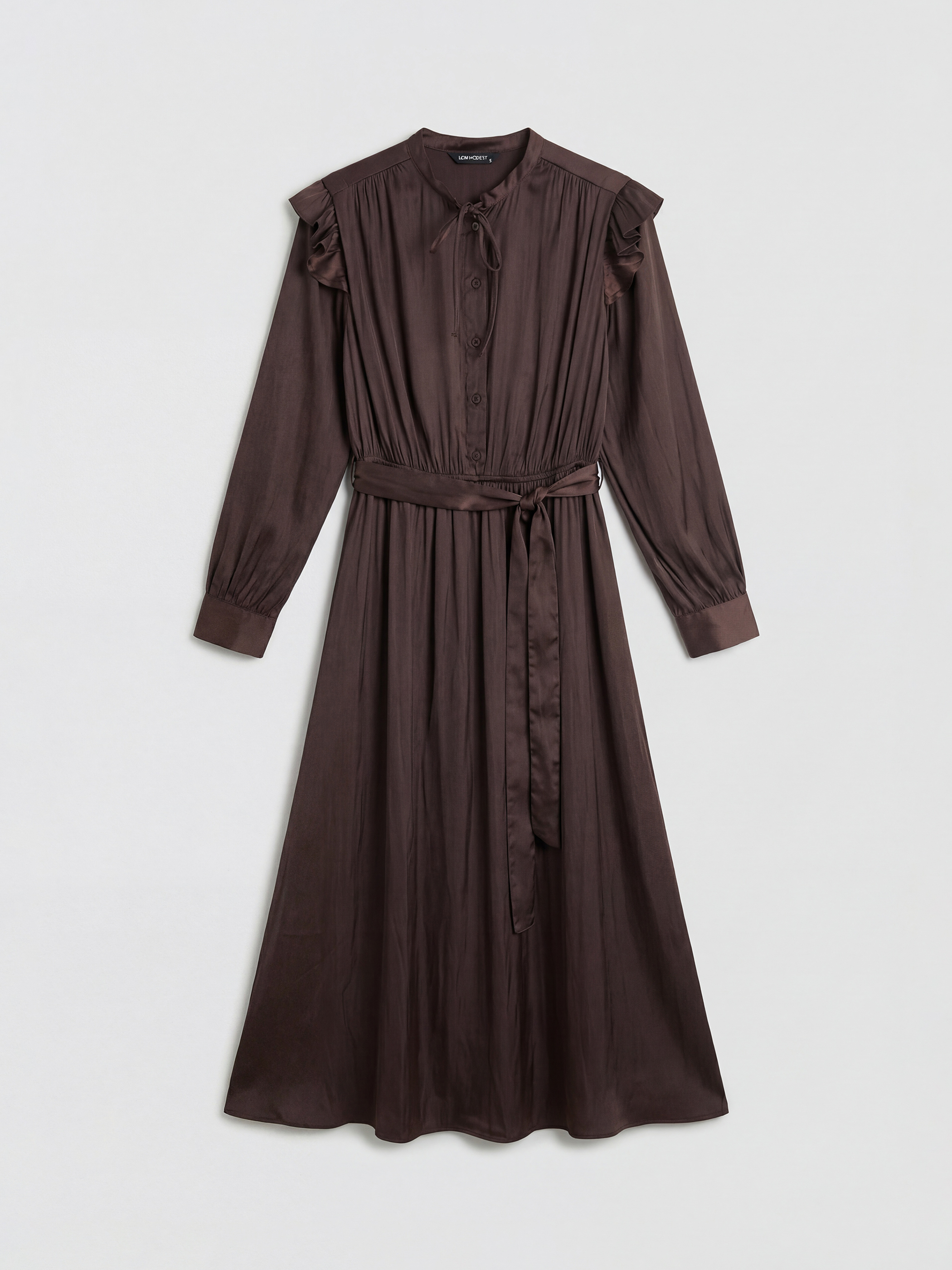 Kahverengi Fırfırlı Bağlamalı Yaka Saten Elbise-4