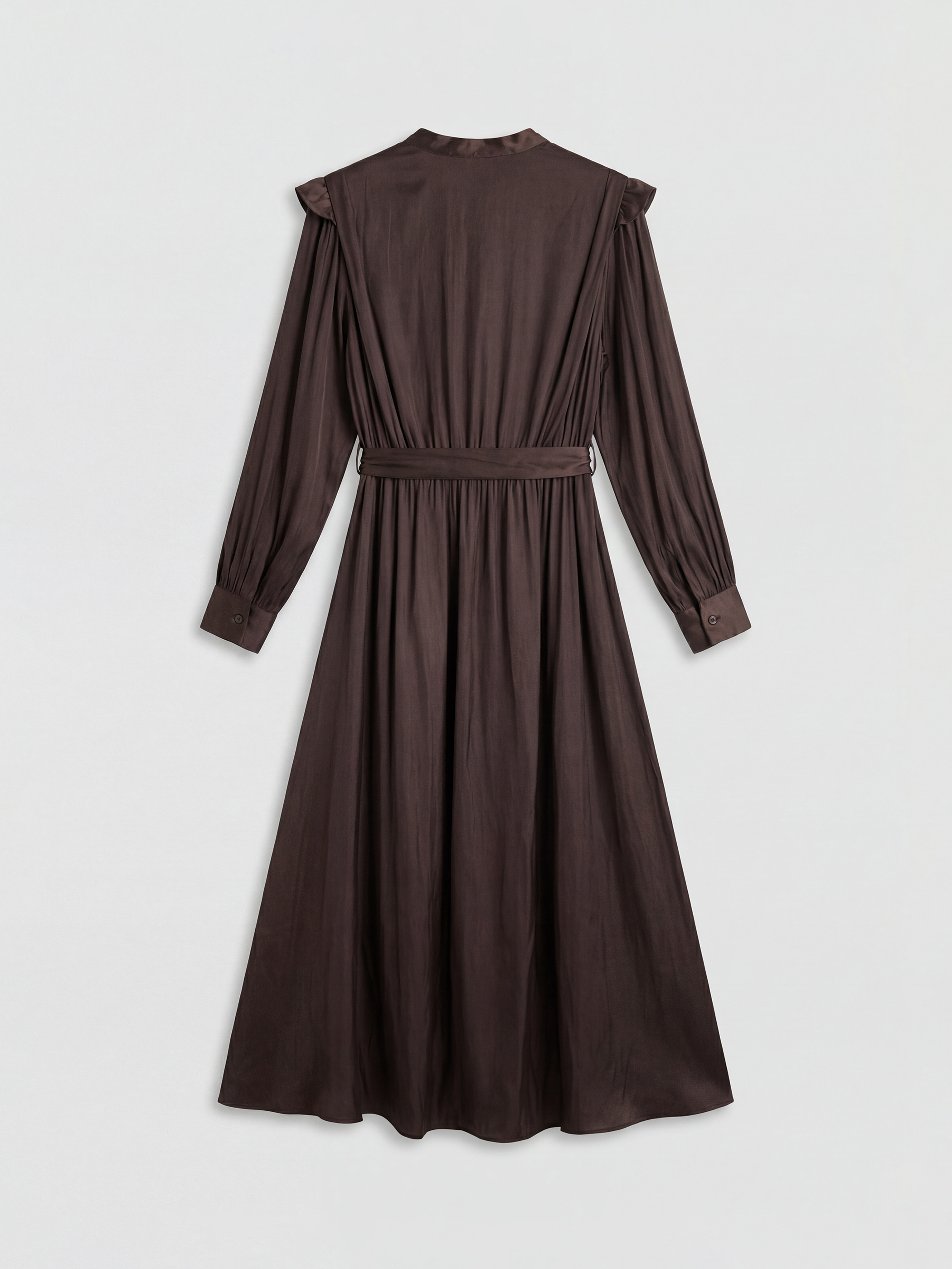 Kahverengi Fırfırlı Bağlamalı Yaka Saten Elbise-5